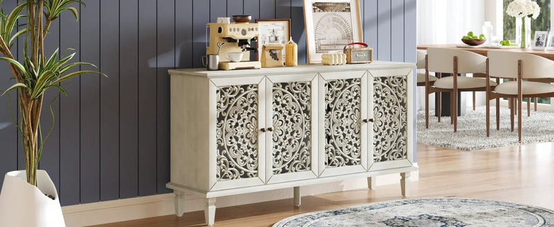 60" Antique Buffet Cabinet with Floral Carvings and Solid Wood Legs by HouseOfZazla