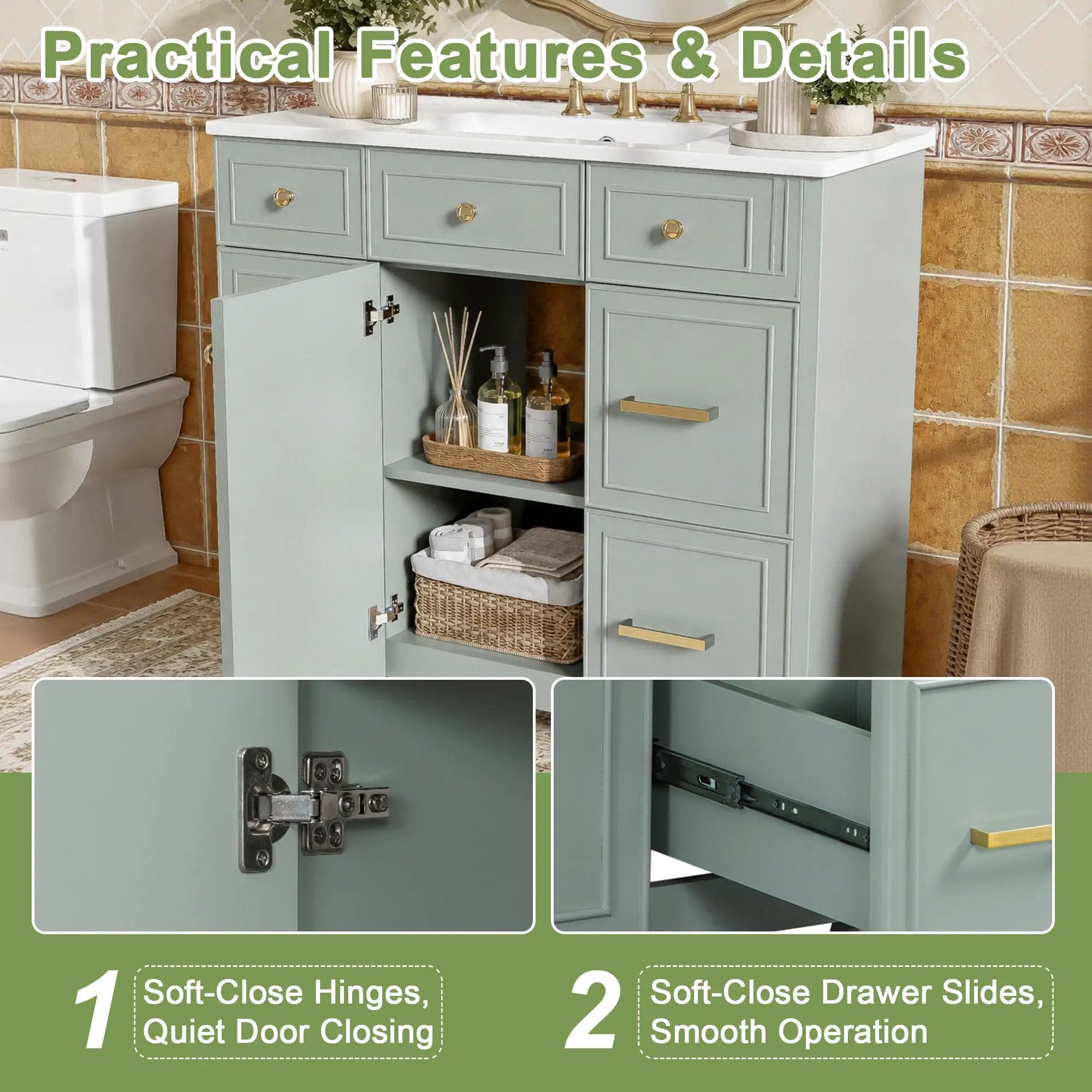 36" Green Bathroom Vanity with Ceramic Sink by HouseOfZazla