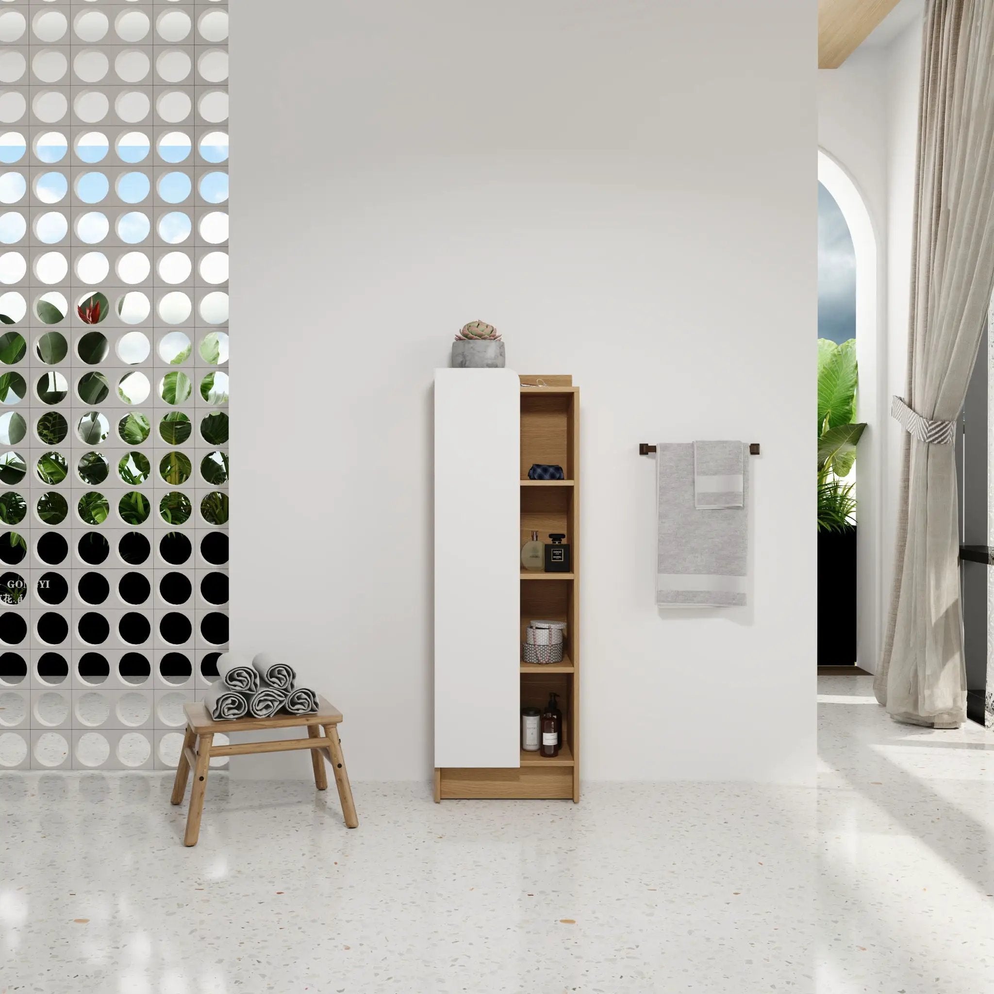 Tall Freestanding Bathroom Side Cabinet With Single Door & 4 Tier Open Shelves - Black / Light Oak / White by Unique Piece Furniture
