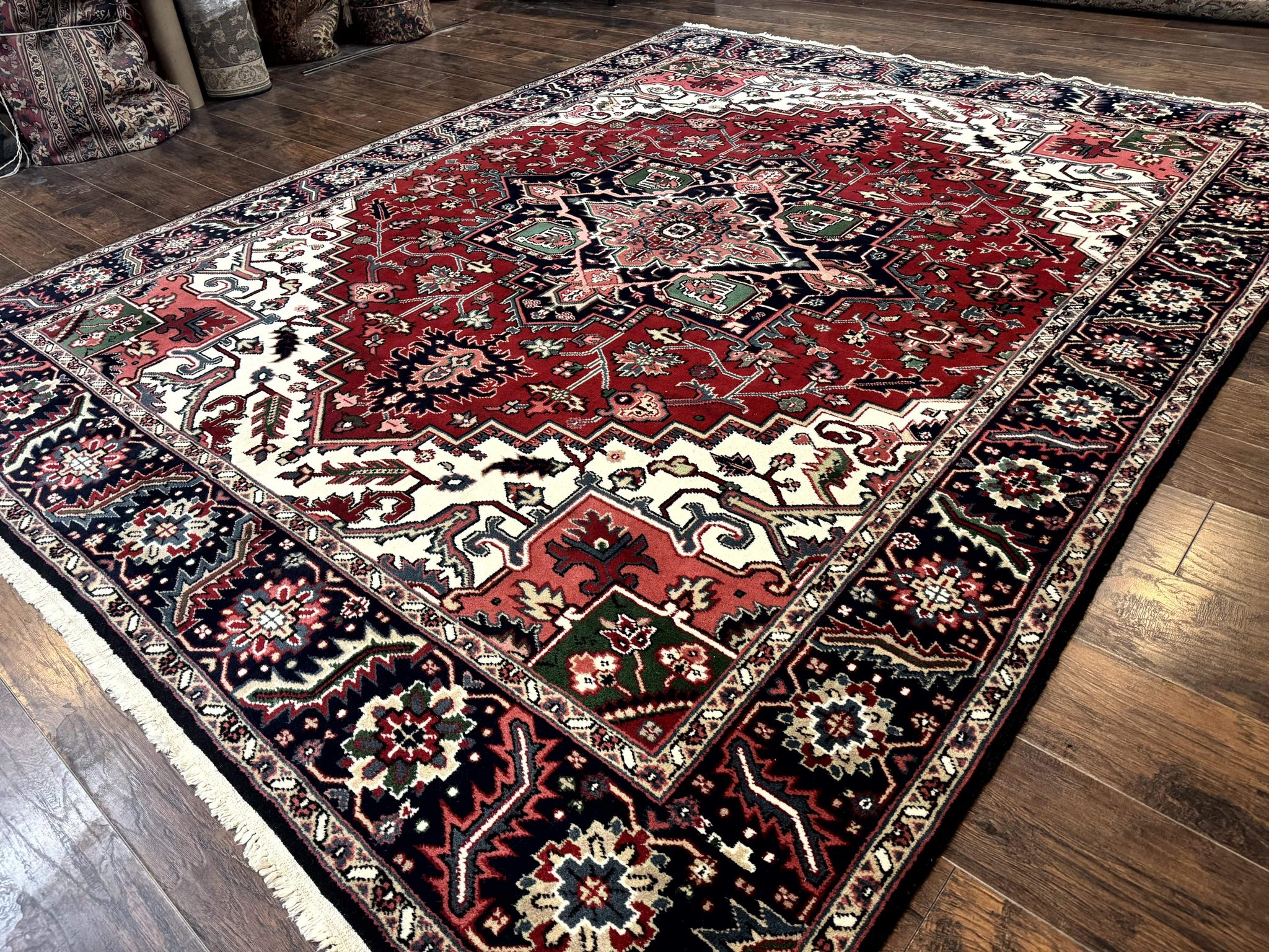 Indo Persian Heriz Rug 8x10, Geometric Medallion, Brick Red Ivory Navy Blue, Room Sized Heriz Carpet, Wool Rug by Jewel Rugs