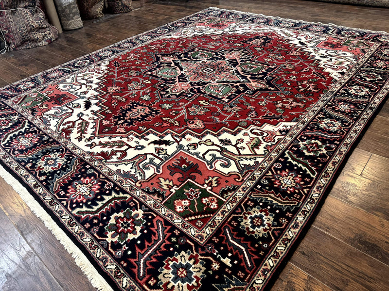 Indo Persian Heriz Rug 8x10, Geometric Medallion, Brick Red Ivory Navy Blue, Room Sized Heriz Carpet, Wool Rug by Jewel Rugs