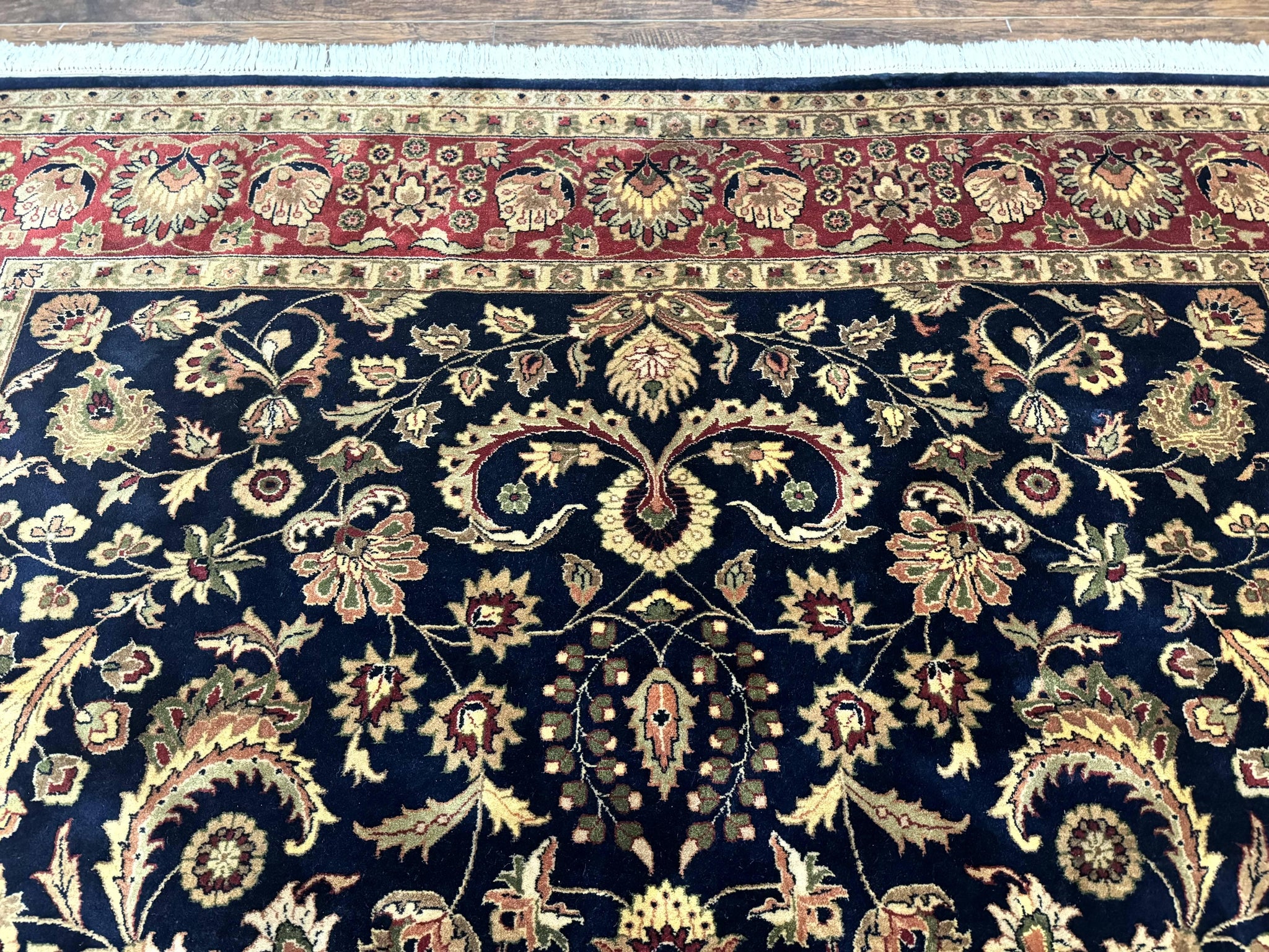 Indo Persian Rug 8x10, Navy Blue and Red, Floral Allover, Hand Knotted Vintage Wool Carpet, Indo Sarouk by Jewel Rugs