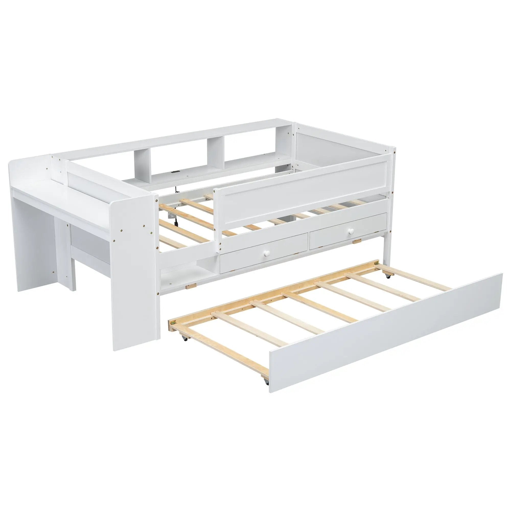 Twin Daybed With Drawers, Trundle, Headboard Storage, Study Desk, And USB Charging Station - White by Unique Piece Furniture