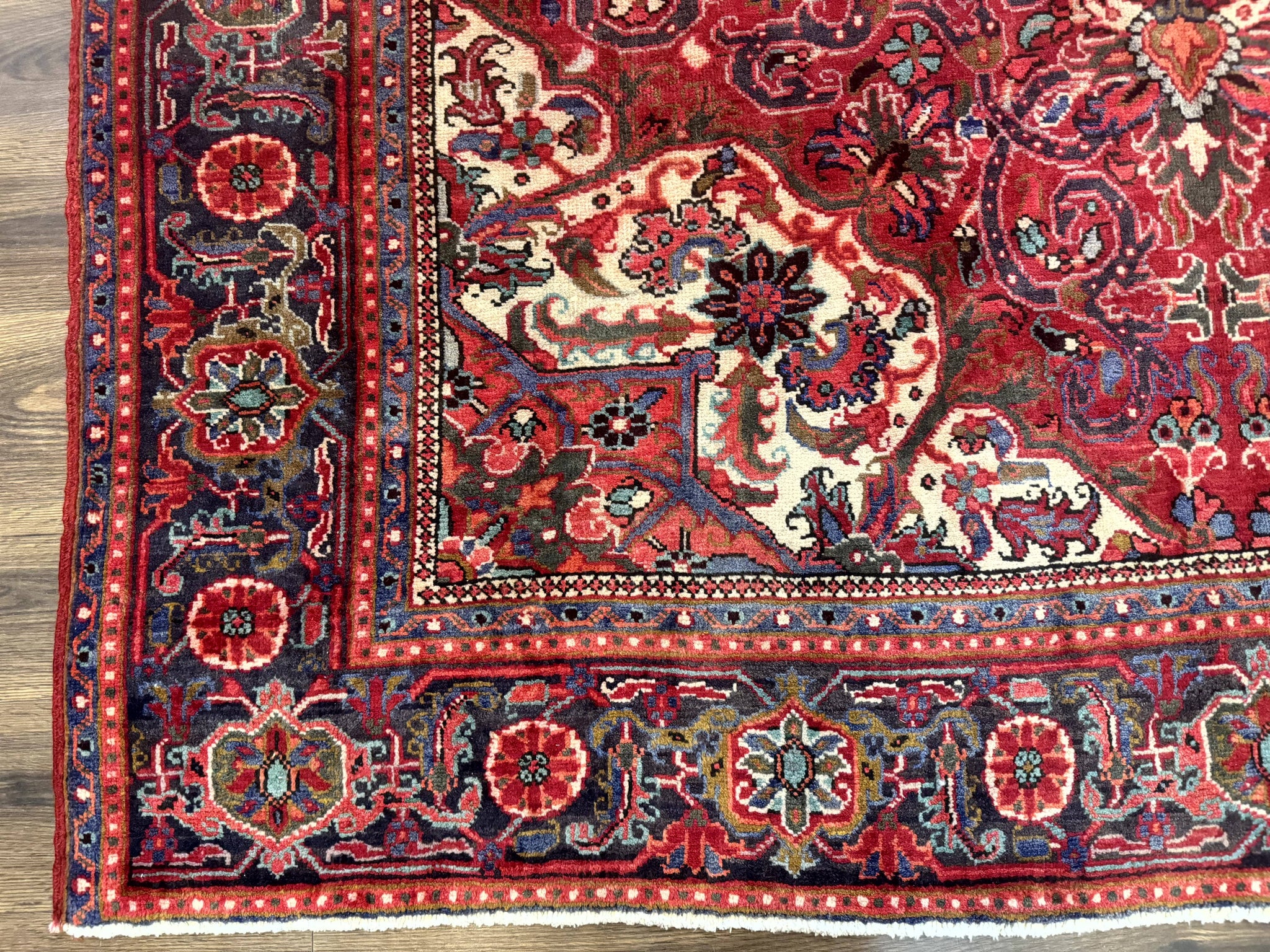 Persian Heriz Rug 7x10, Red and Navy, Geometric Medallion, Vintage Wool Carpet by Jewel Rugs