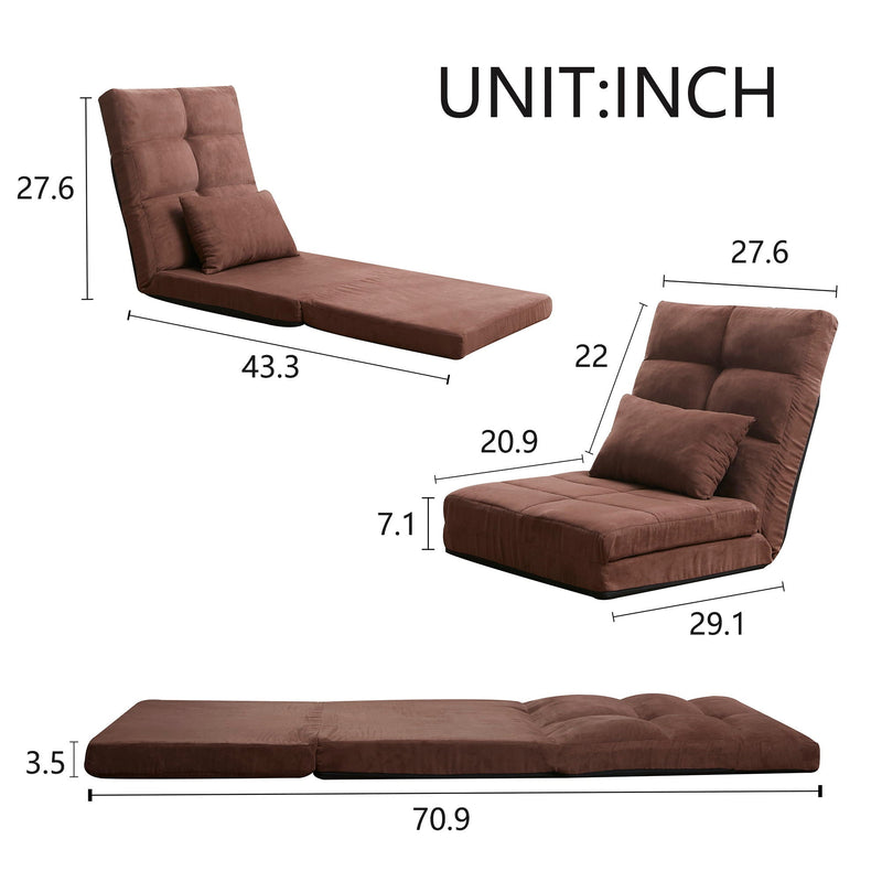 Modern Triple Fold Down Metal Frame Sofa Bed With 5 Reclining Positions And Pillow - Adjustable Upholstered Floor Couch For Gaming Or Guest Room - Brown by Unique Piece Furniture