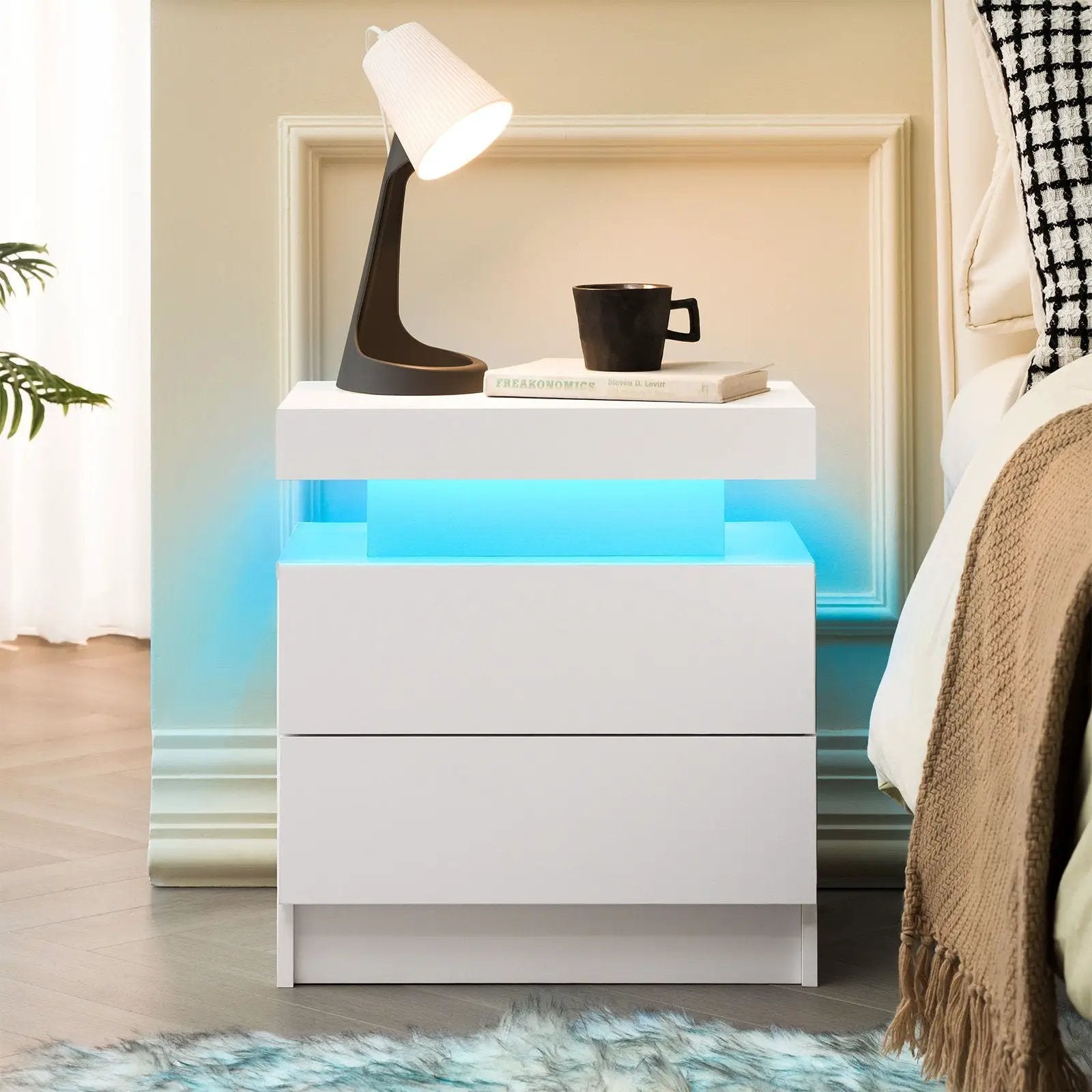 Modern LED Bedside Table Cabinet With Adjustable Lights And 2 Drawers - White by Unique Piece Furniture
