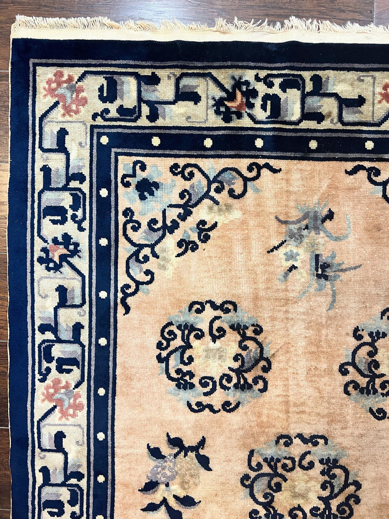 Chinese Peking Rug 4x6, Wool Hand Knotted Handmade Vintage Semi Antique Carpet, Semi Open Field, Light Peach & Navy Blue, Art Deco Rug by Jewel Rugs