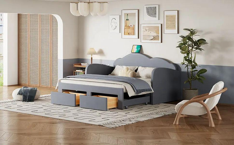 Upholstered Daybed With Cloud-Shaped Backrest, Trundle & 2 Drawers And USB Ports by HouseOfZazla