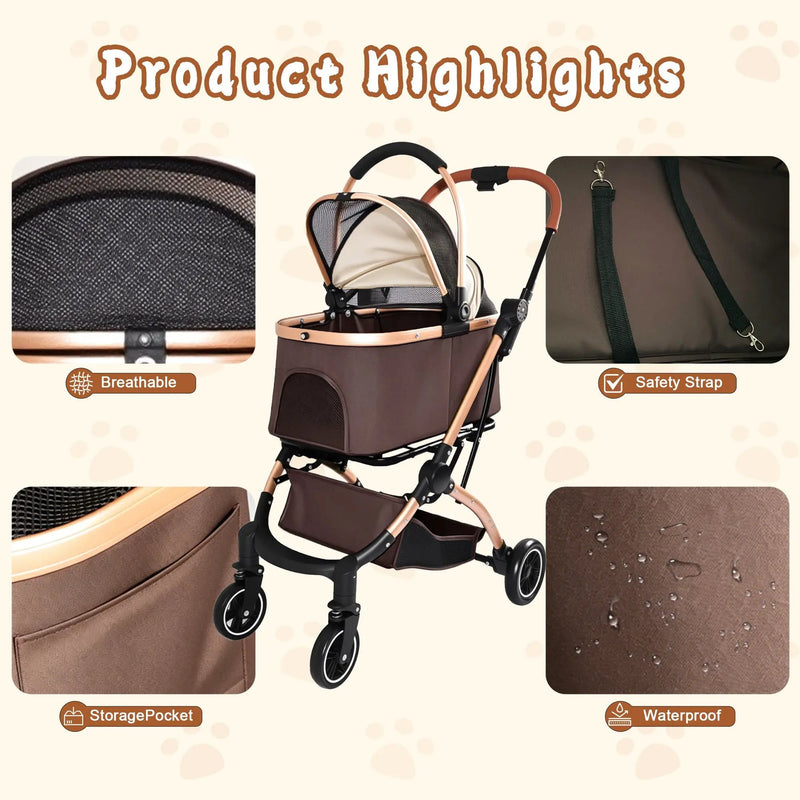 Pet Stroller for Dogs and Cats, 2-in-1 Detachable Foldable With Sun Canopy by HouseOfZazla