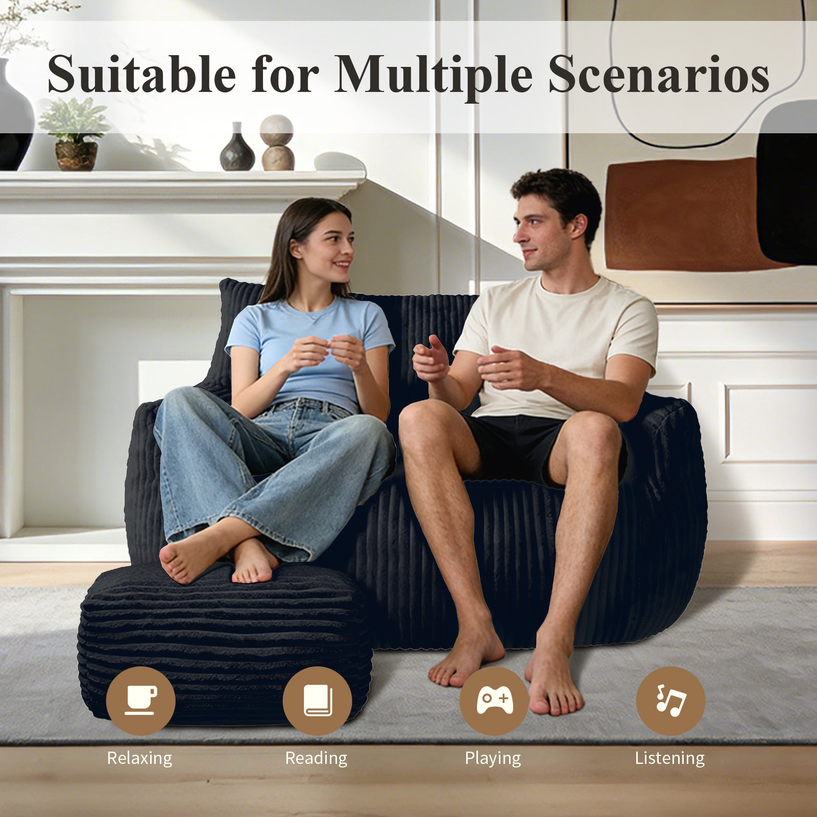Double Sofa with Footrest Cloud-Love Oversized 2-Seater Fluffy Bean Bag Chair by HouseOfZazla