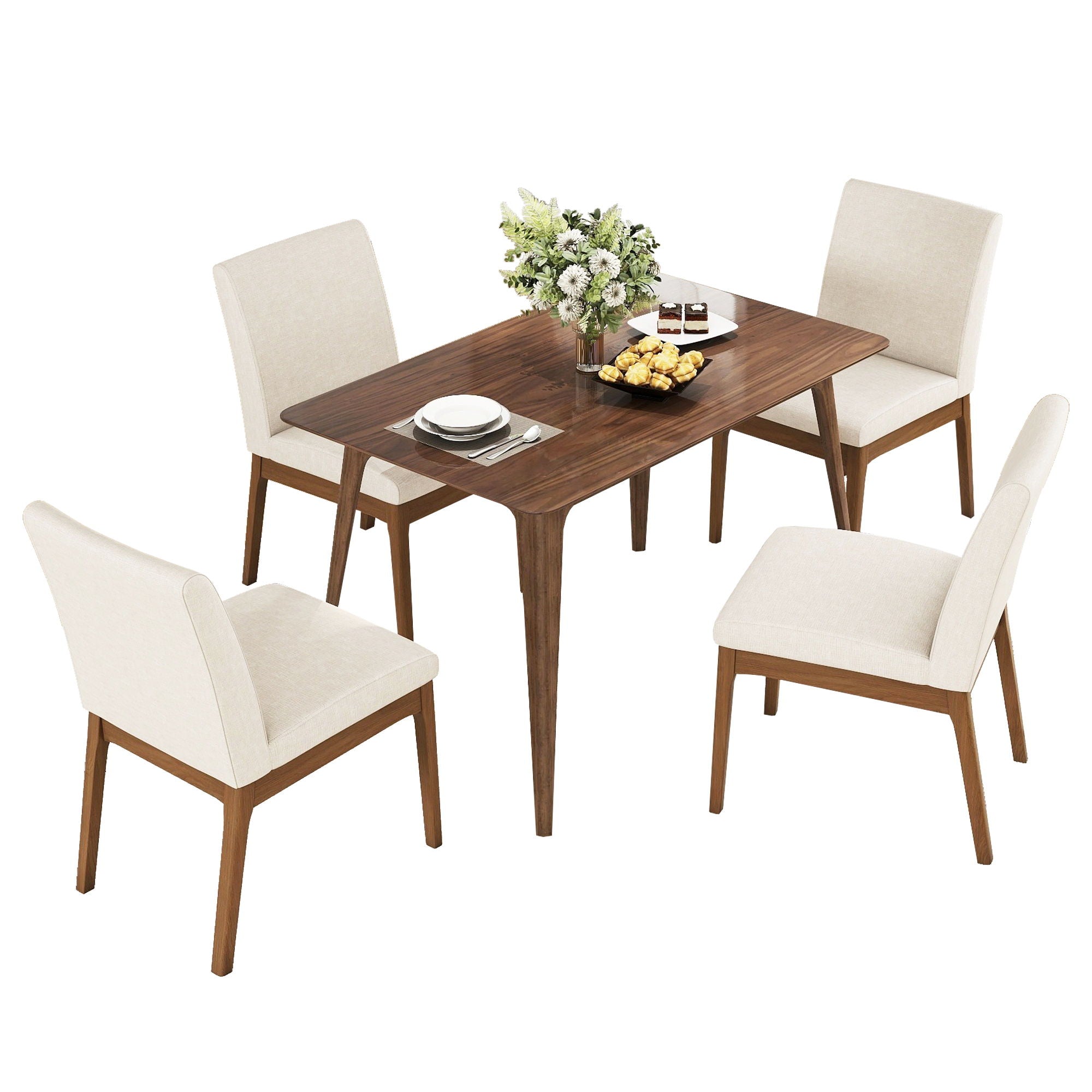 5 Piece Dining Set With Table And Upholstered Chairs - Light Beige / Walnut by HouseOfZazla