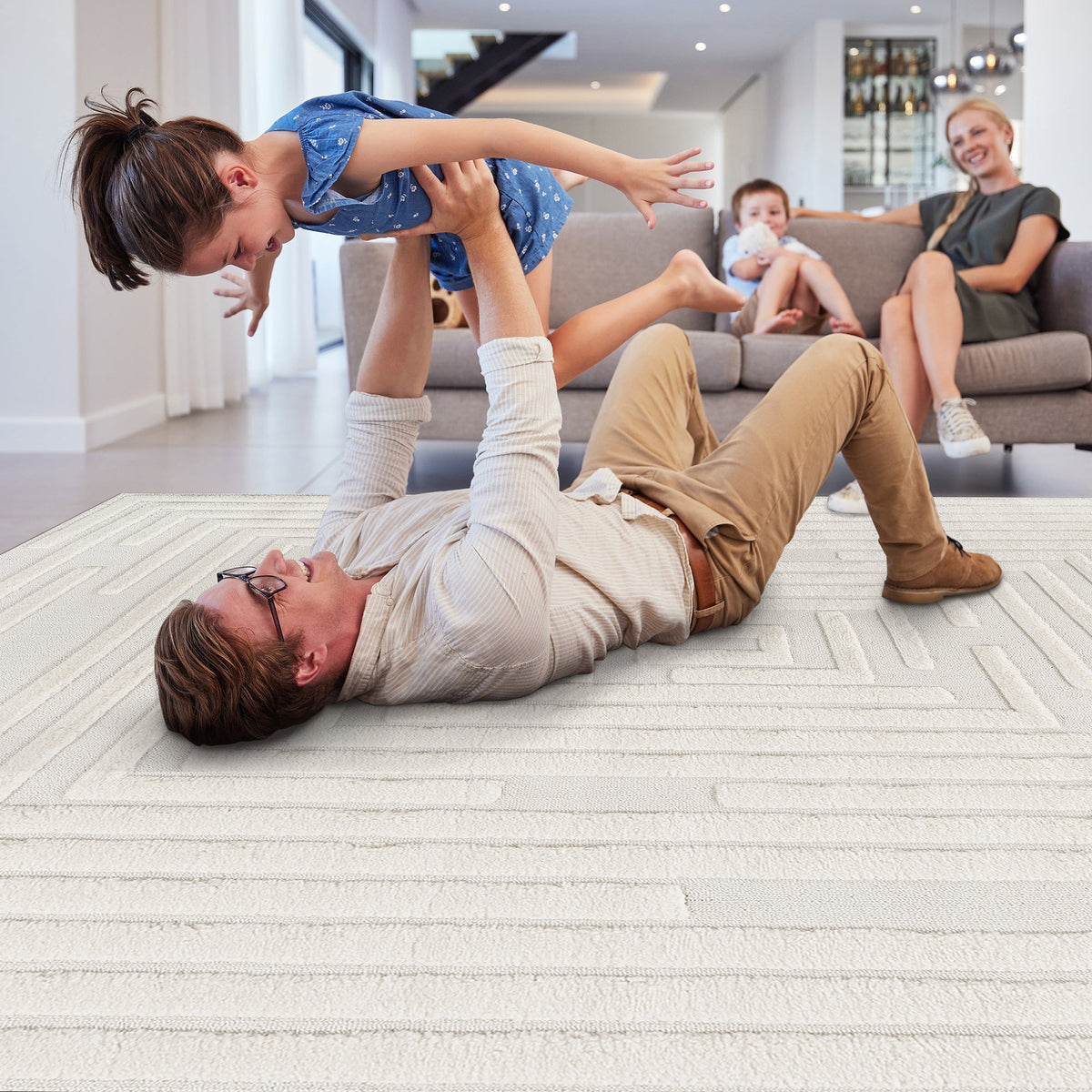 High-Low Striped Area Rug with Contemporary Geometric Design - Cream, photo 6 of 7