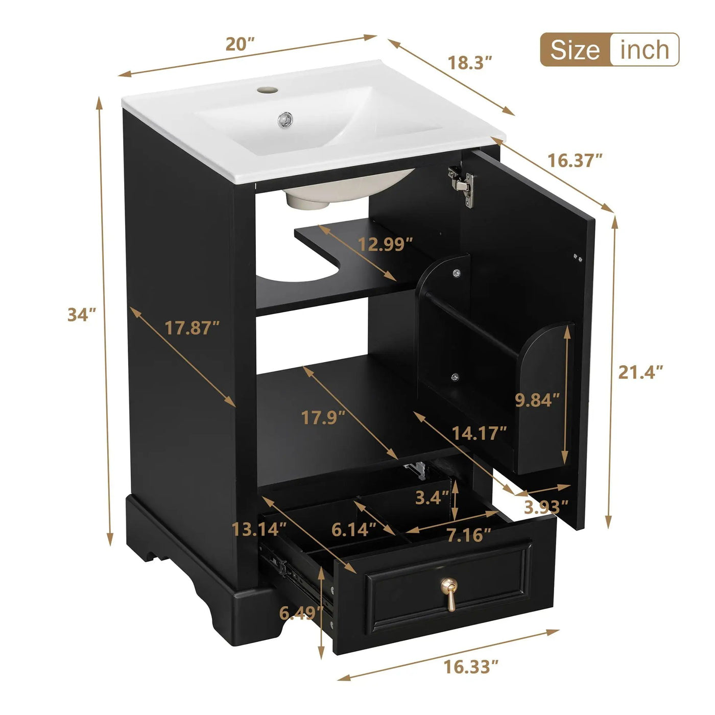 Bathroom Vanity With Sink, Soft Close Door, Adjustable U-Shaped Shelf by HouseOfZazla