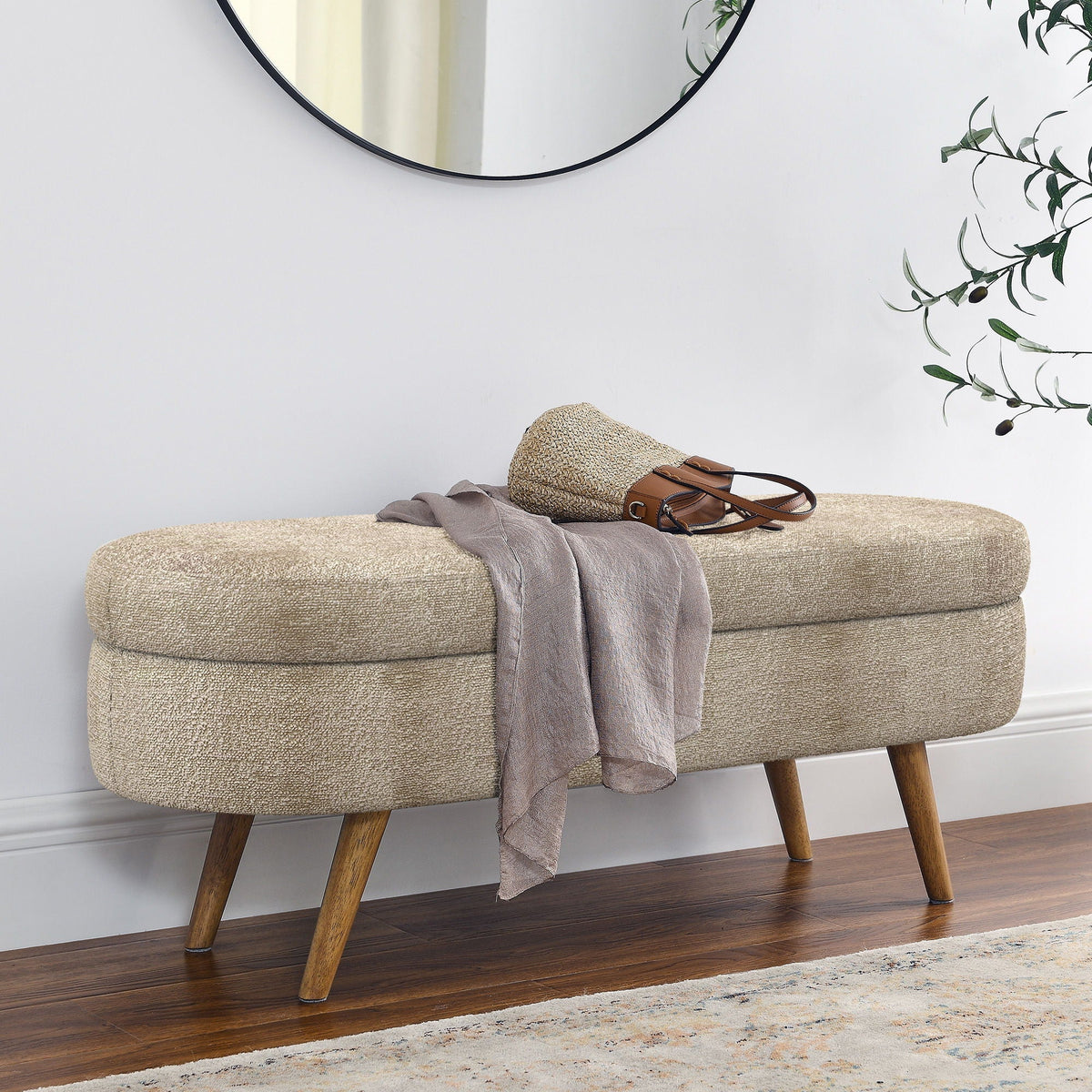 Modern Ottoman Oval Storage Bench with Rubber Wood Legs - Blue, Green, Light Brown, photo 9 of 10