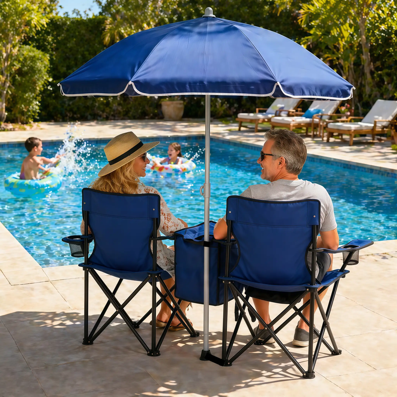 Portable Double Folding Beach Chair Set with Umbrella by HouseOfZazla