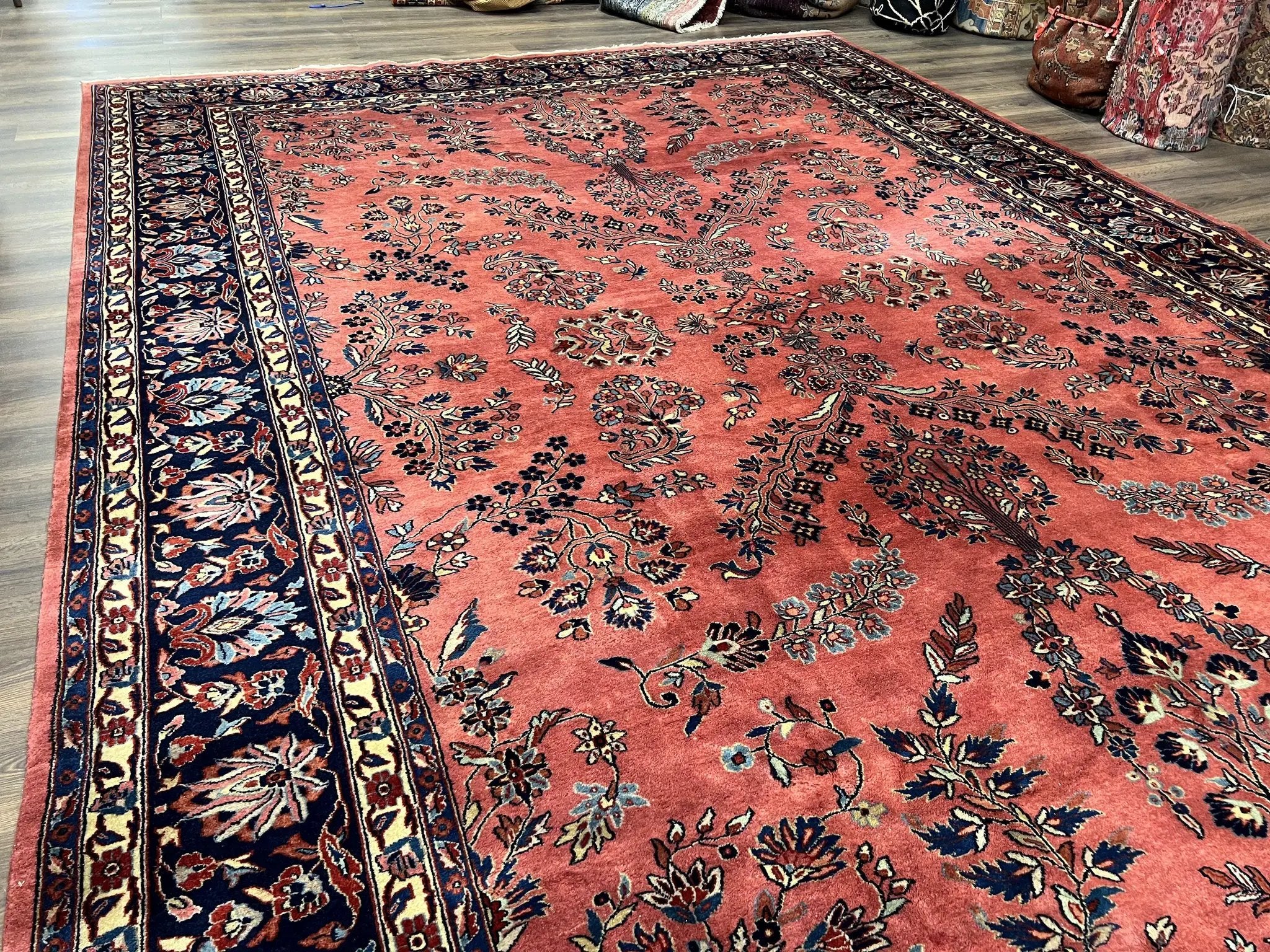 Indo Sarouk Rug 10x14, Vintage Indian Persian Area Rug 10 x 14, Wool Hand-Knotted Oriental Carpet, Red Floral Allover Large Rug, Beautiful by Jewel Rugs