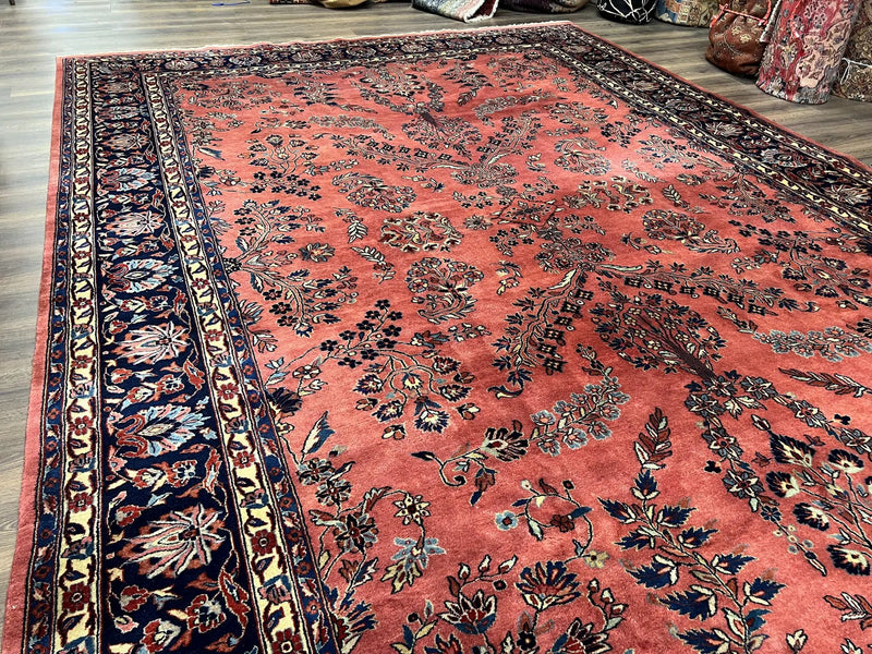 Indo Sarouk Rug 10x14, Vintage Indian Persian Area Rug 10 x 14, Wool Hand-Knotted Oriental Carpet, Red Floral Allover Large Rug, Beautiful by Jewel Rugs