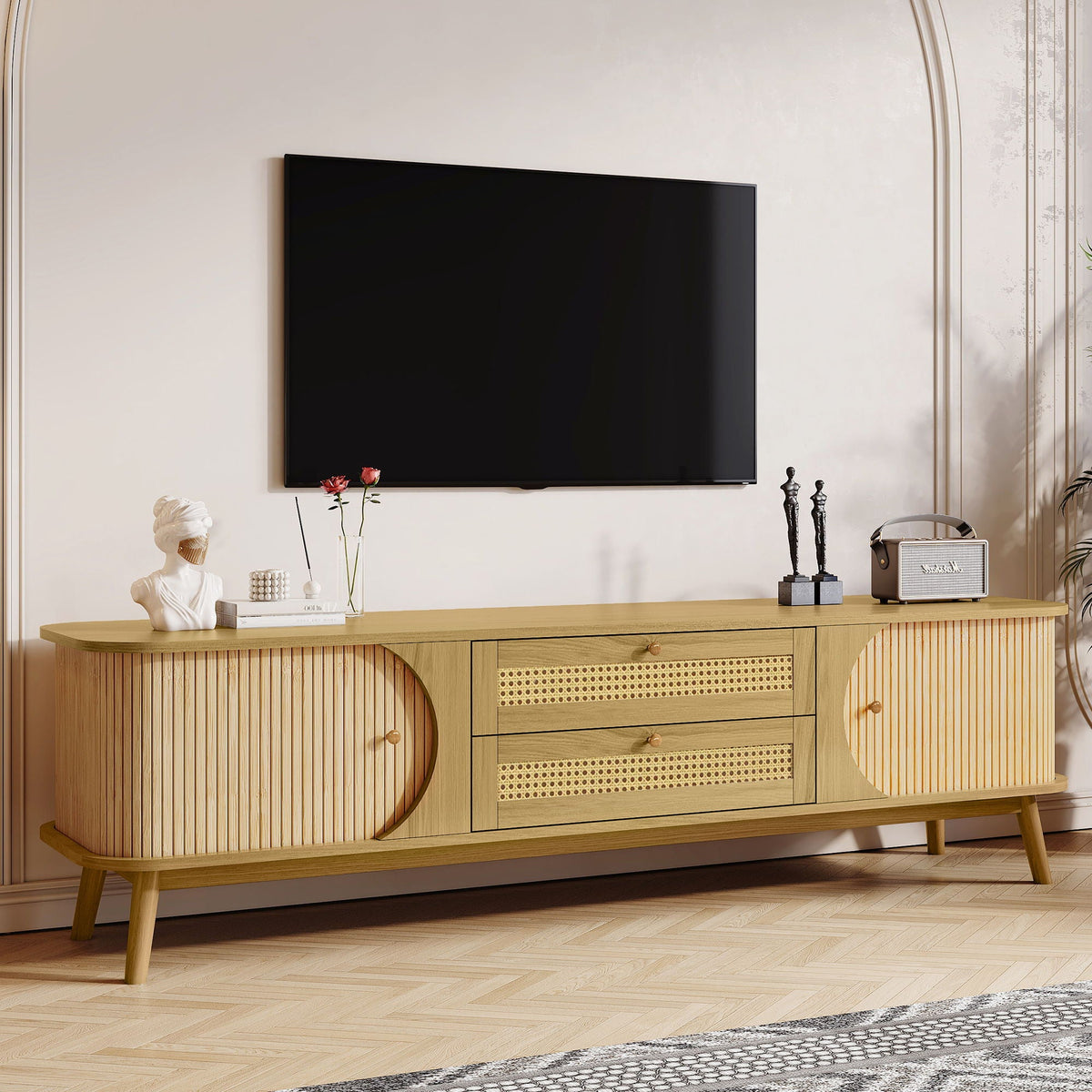 Rattan TV Stand for TVs up to 75" with Solid Wood Construction - Natural Wood, photo 8 of 19