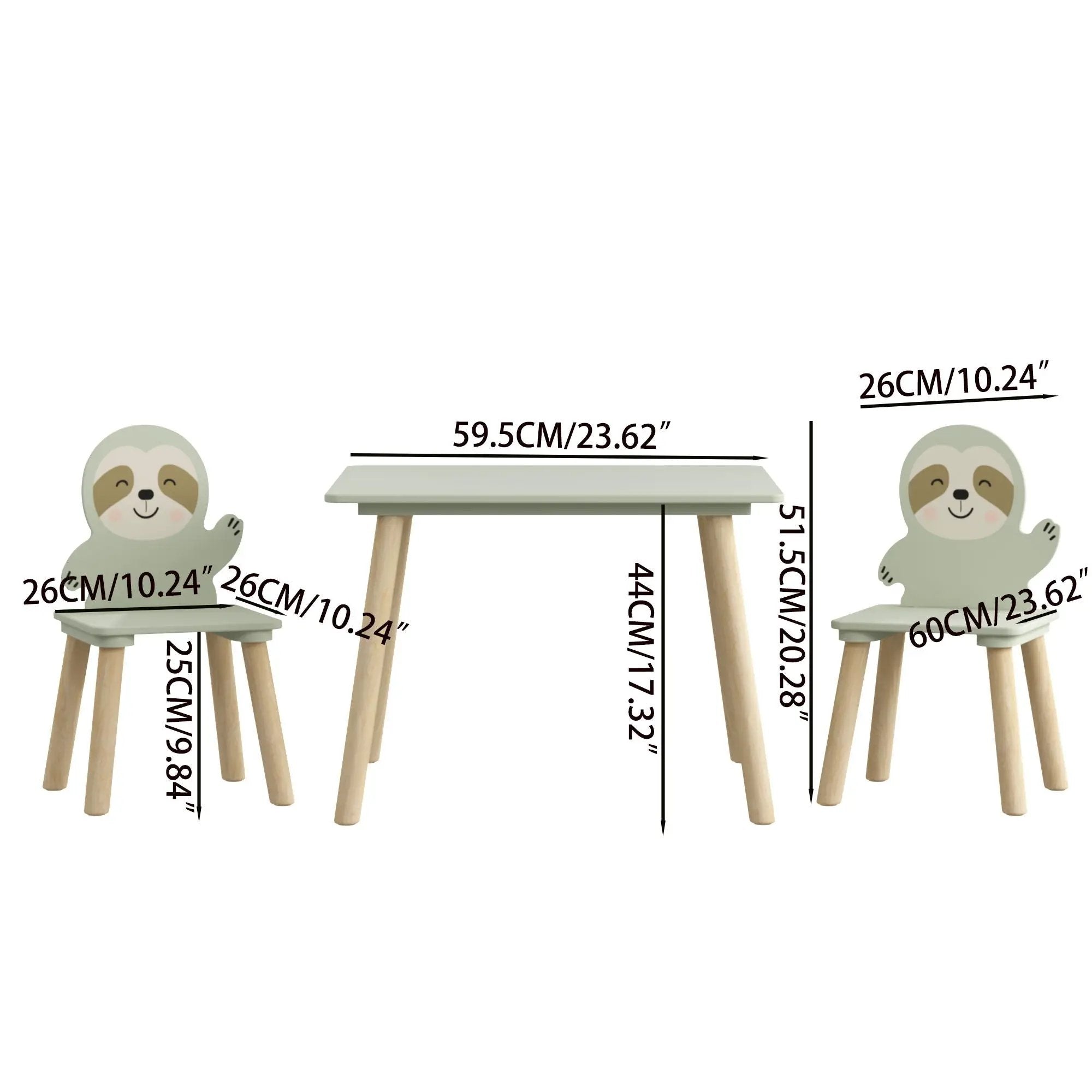 Sloth Themed Table And Chair Set With 2 Cute Animal Chairs - Natural Wood / Sage Green by HouseOfZazla