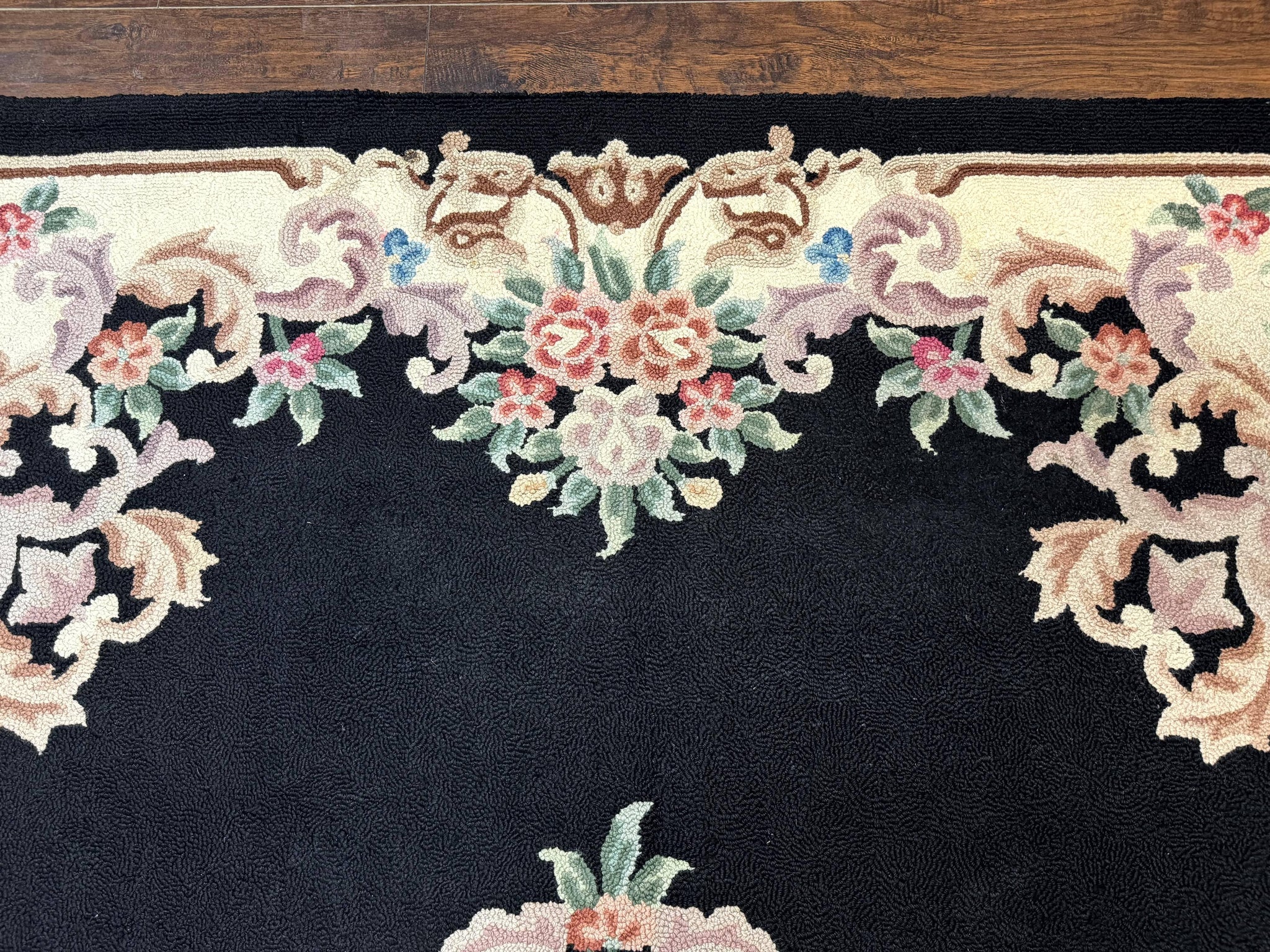 Aubusson Rug 8x11, Black and Ivory, Hooked Rug, Vintage, Wool by Jewel Rugs