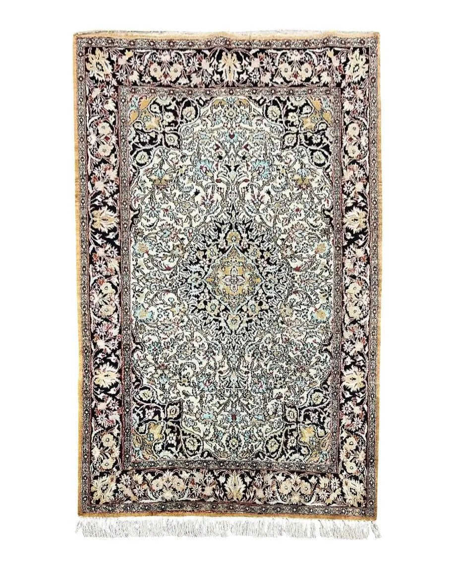 Silk Persian Qum Rug 4x5, Hand Knotted Vintage Carpet, Cream & Navy Blue, Silk Pile on Silk Foundation, Very Fine 360 KPSI by Jewel Rugs