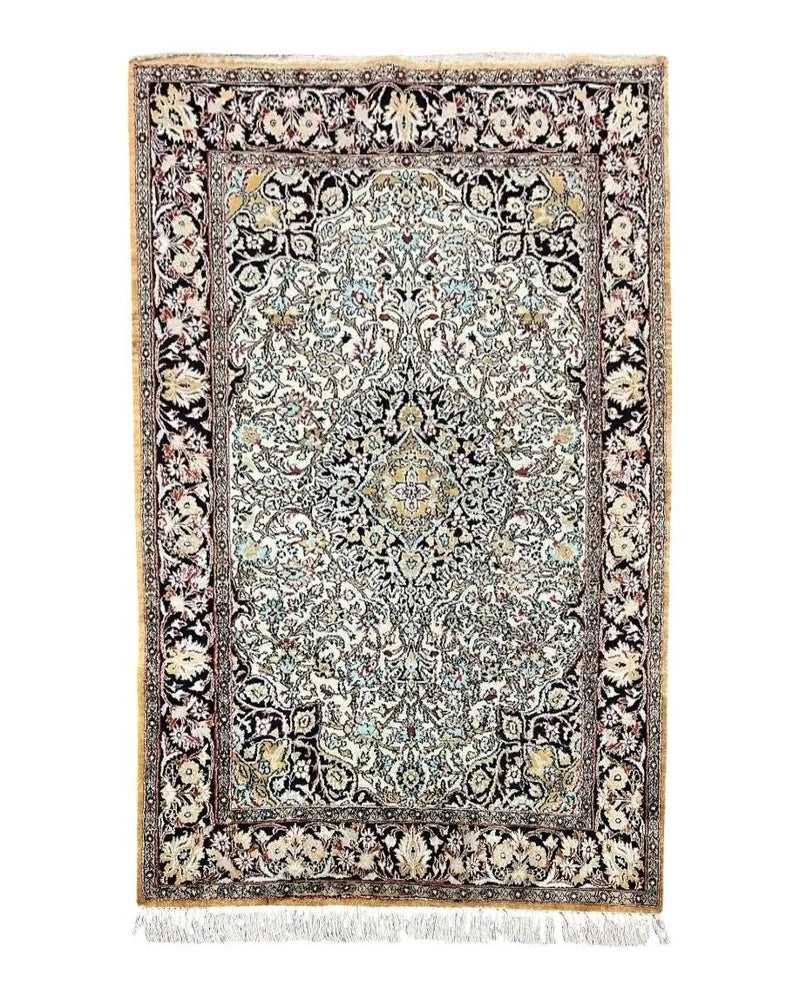 Silk Persian Qum Rug 4x5, Hand Knotted Vintage Carpet, Cream & Navy Blue, Silk Pile on Silk Foundation, Very Fine 360 KPSI by Jewel Rugs