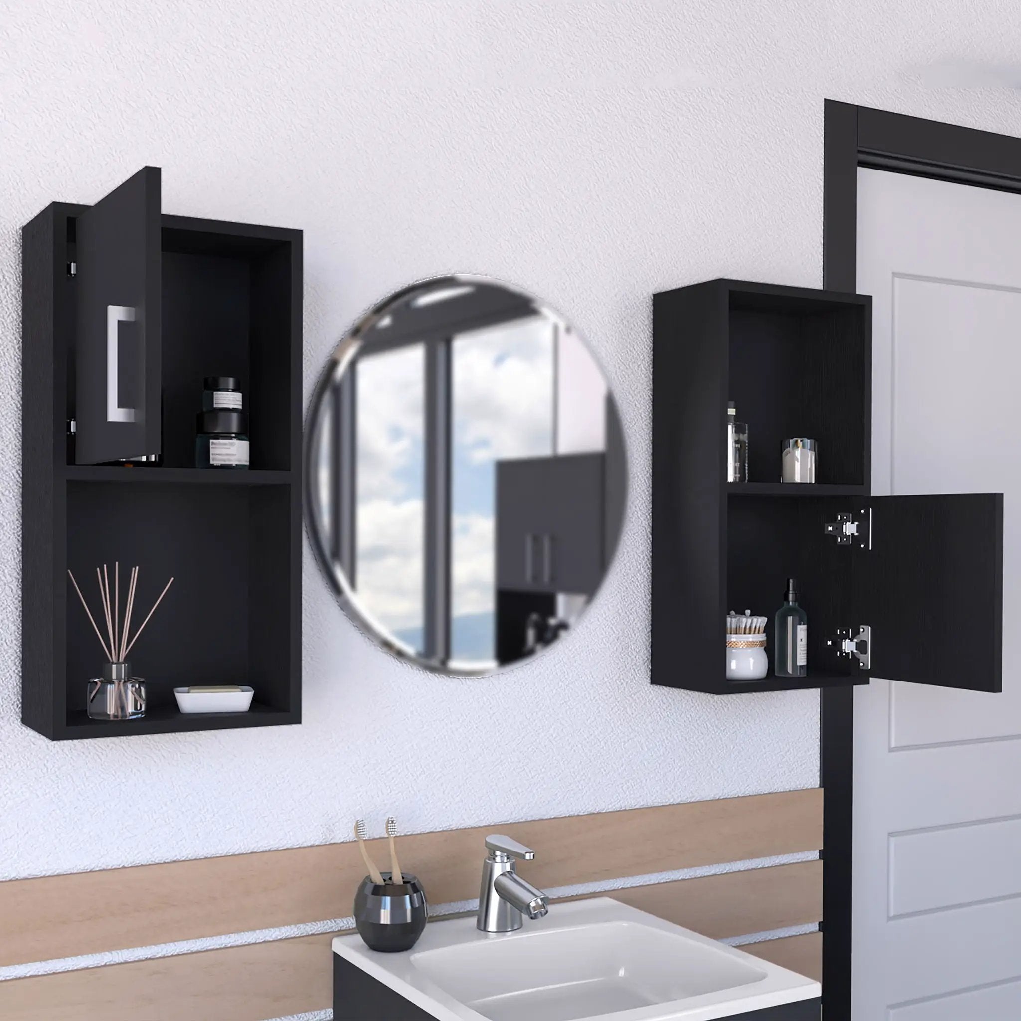 Wall Mounted Bathroom Medicine Cabinet Eak Two Doors, Two Shelves - Black by HouseOfZazla