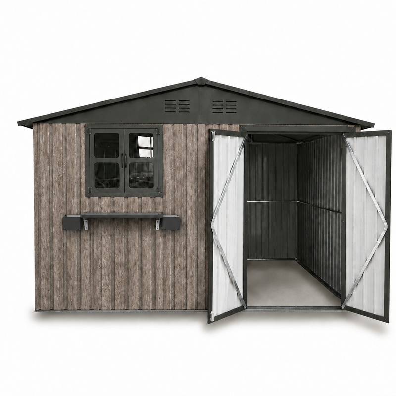 10x8 FT Outdoor Metal Storage Shed with Window & Flower Rack, Lockable Double Doors Tool Shed, Waterproof Weatherproof Garden Shed for Backyard Patio,Grey+Black., photo 8 of 9