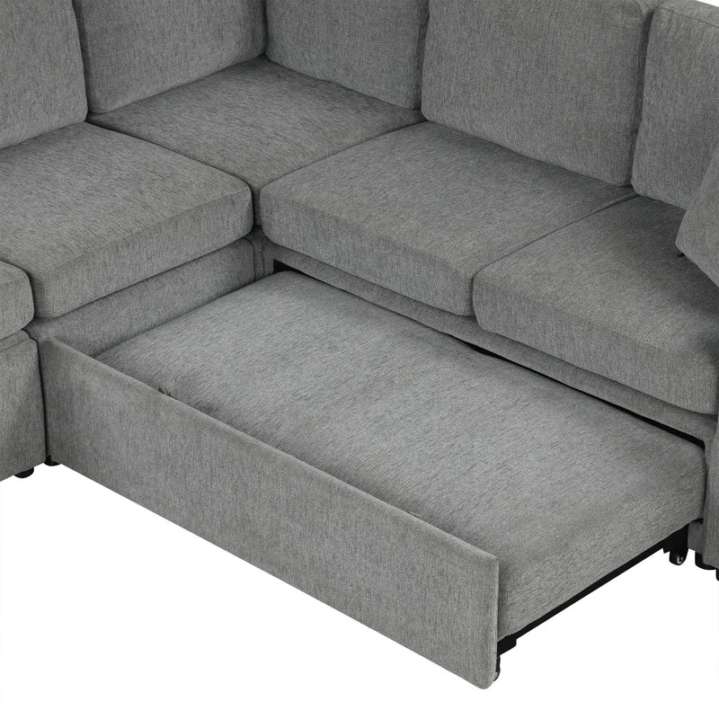 Modern U-Shaped Sectional Sofa Convertible Pull-Out Sofa Bed With USB Ports And Cup Holders by Unique Piece Furniture