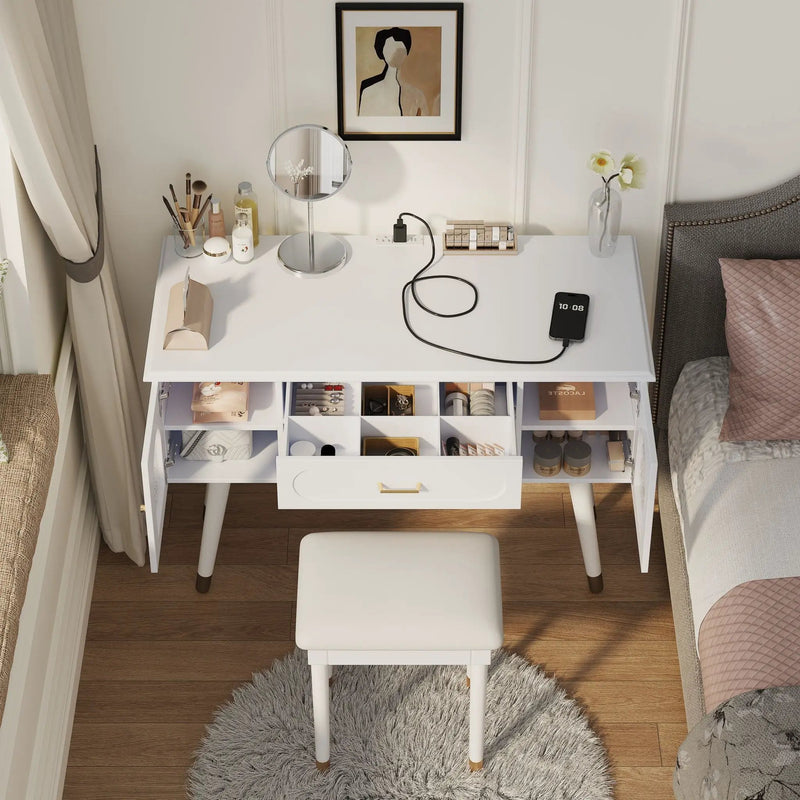 Elegant Vanity Makeup Table & Chair Set Modern Dressing Table With Organizer Writing Desk Charging Port Engineered Wood - White by HouseOfZazla