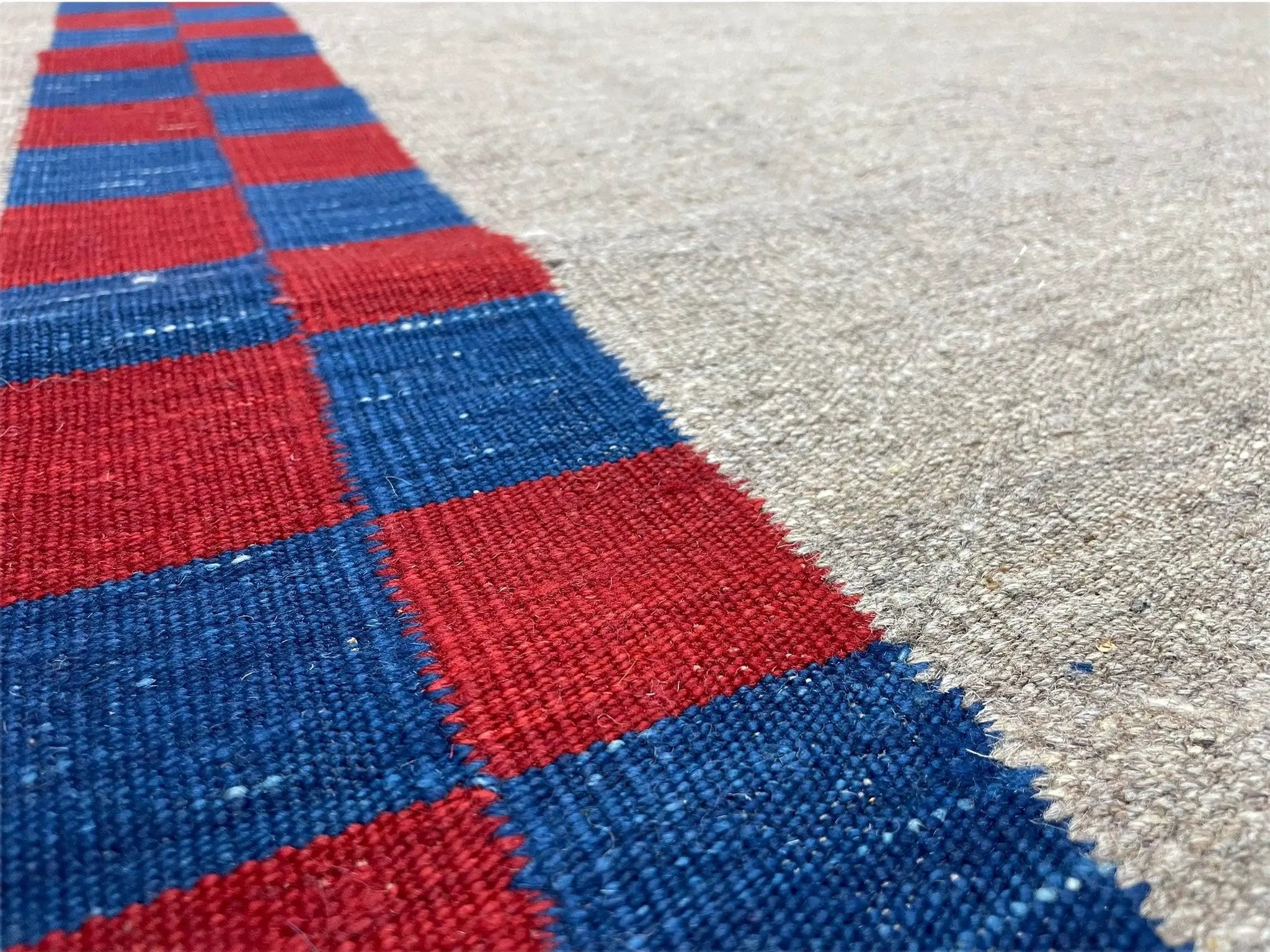 5' 7" x 7' 9" Geometric Kilim Carpet, Gray, Handmade, Hand-Knotted Area Rug, Blue & Red, Flatweave, Wool, New, Checkerboard Pattern by Jewel Rugs