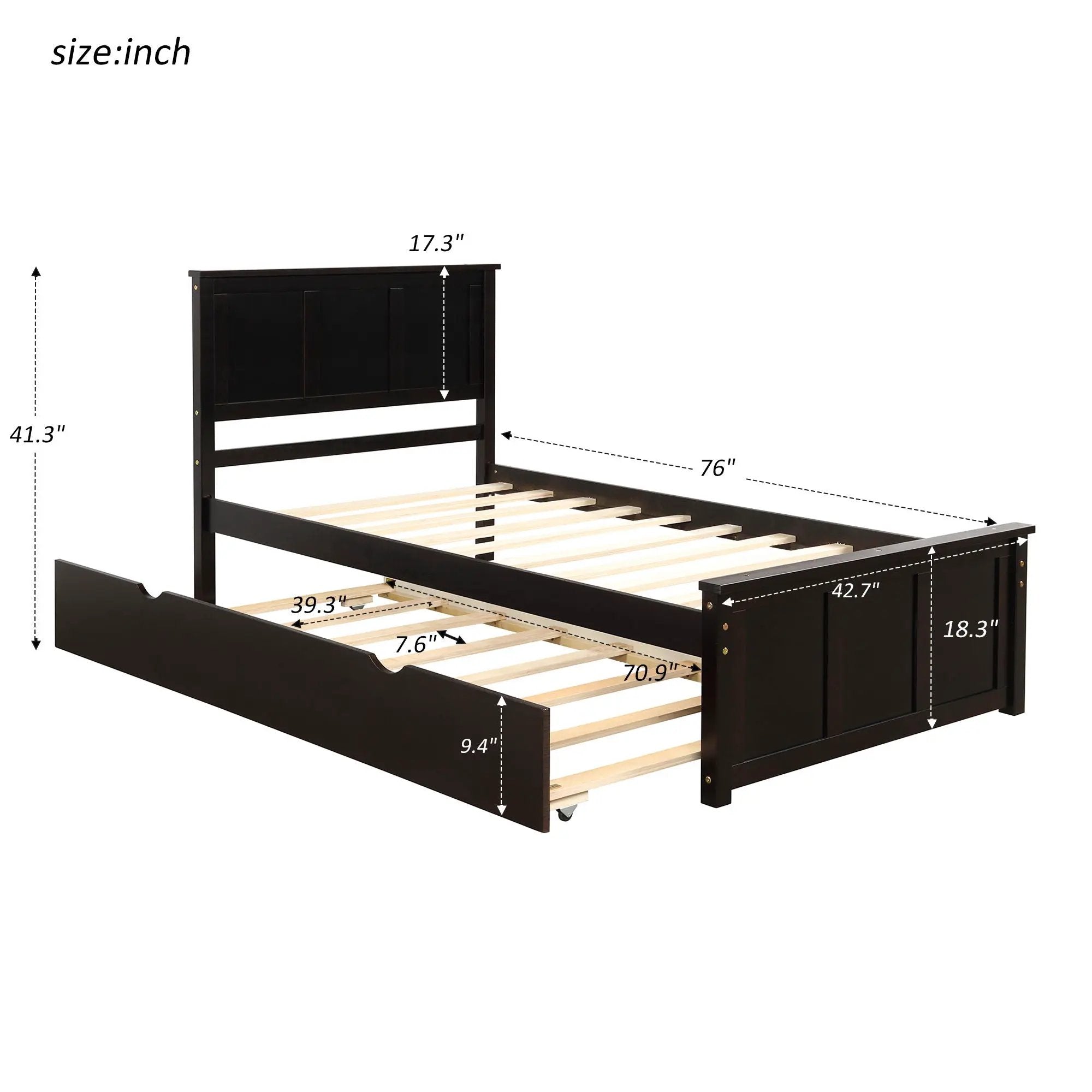 Platform Bed With Twin Trundle, Twin Size - Espresso by Unique Piece Furniture
