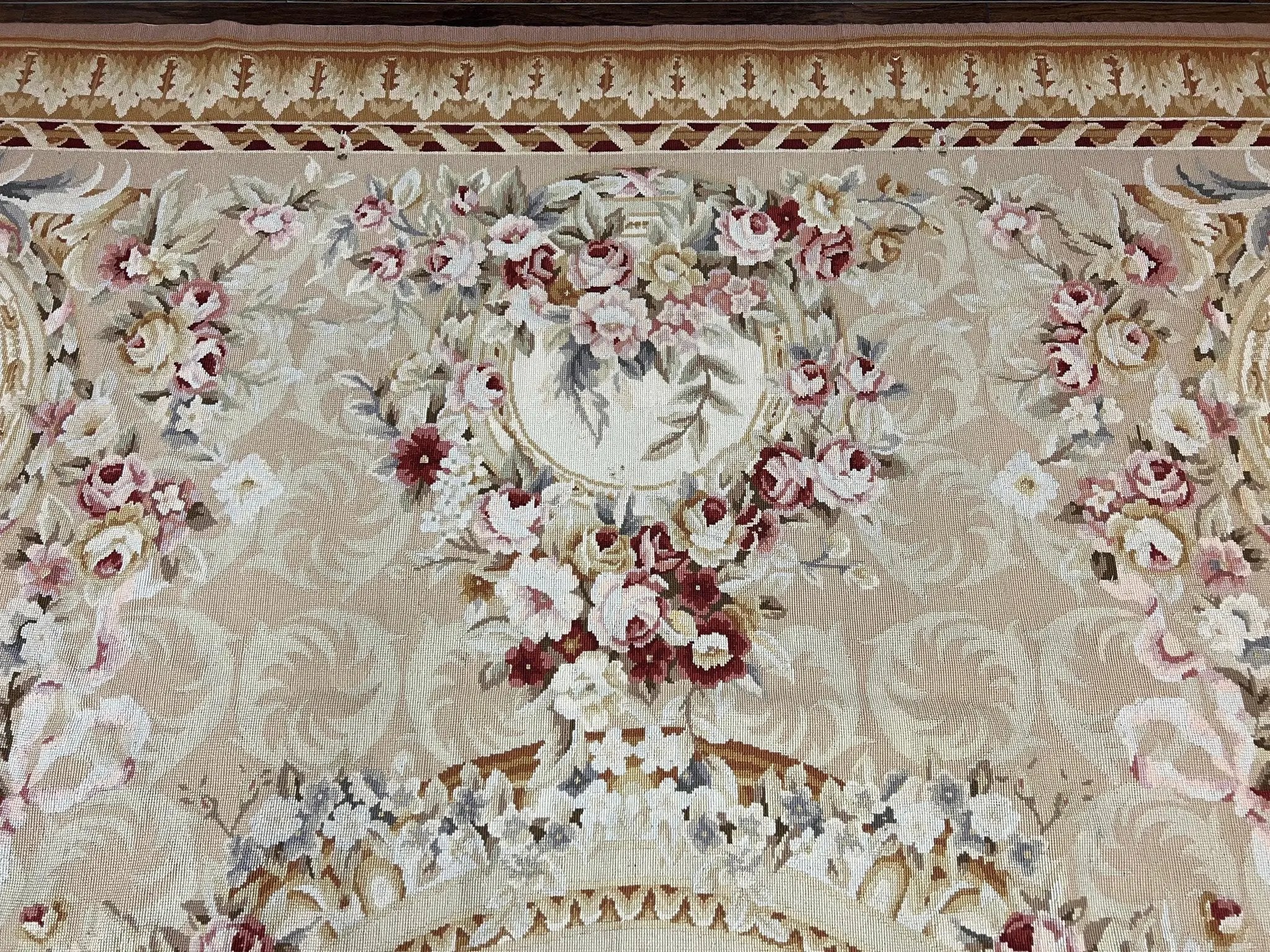 Aubusson Rug 9x12, Elegant Savonnerie Carpet 9 x 12 ft, Beige Ivory Tan, Floral, Flatweave Wool Handmade Area Rug 9 x 12 ft, European French by Jewel Rugs
