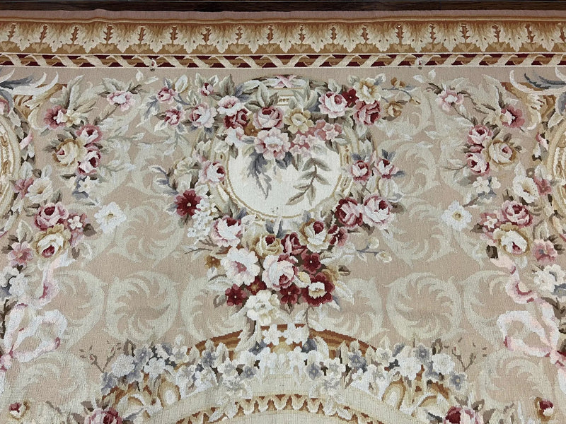 Aubusson Rug 9x12, Elegant Savonnerie Carpet 9 x 12 ft, Beige Ivory Tan, Floral, Flatweave Wool Handmade Area Rug 9 x 12 ft, European French by Jewel Rugs