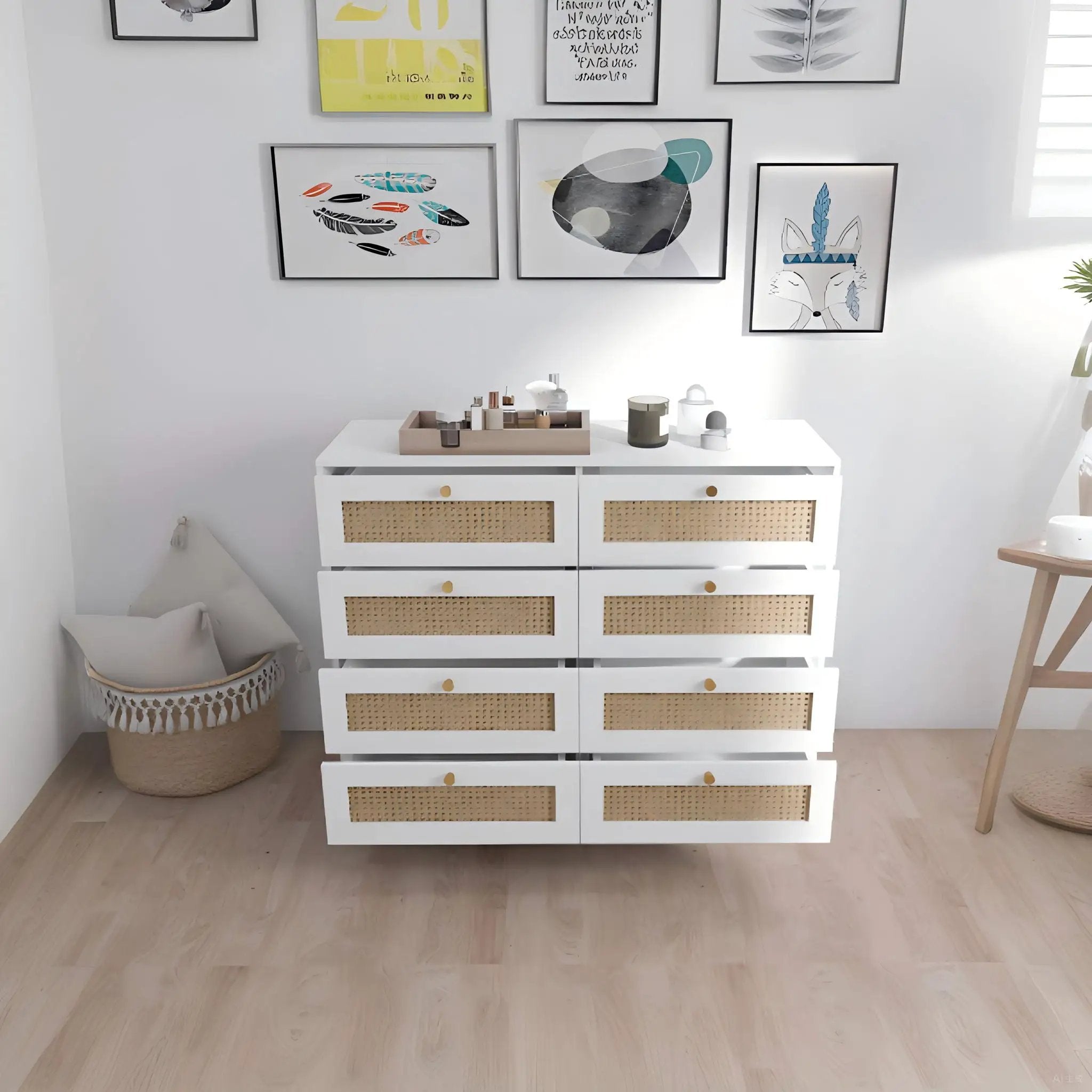 8 Drawers Chest Of Drawers With Rattan Drawer Face Golden Legs And Handles - White by HouseOfZazla