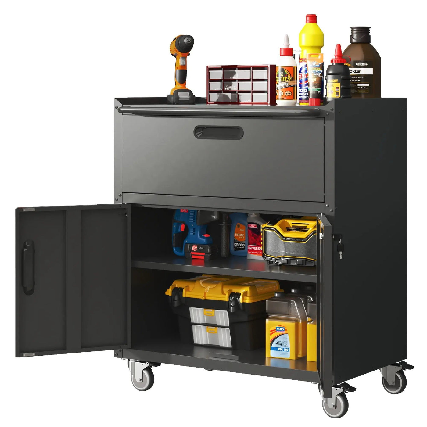 Sturdy And Durable Metal Tool Cabinet For Garage With Wheels Mobile Heavy Duty Storage Cabinet With 1 Drawer And 2 Locking Doors by HouseOfZazla