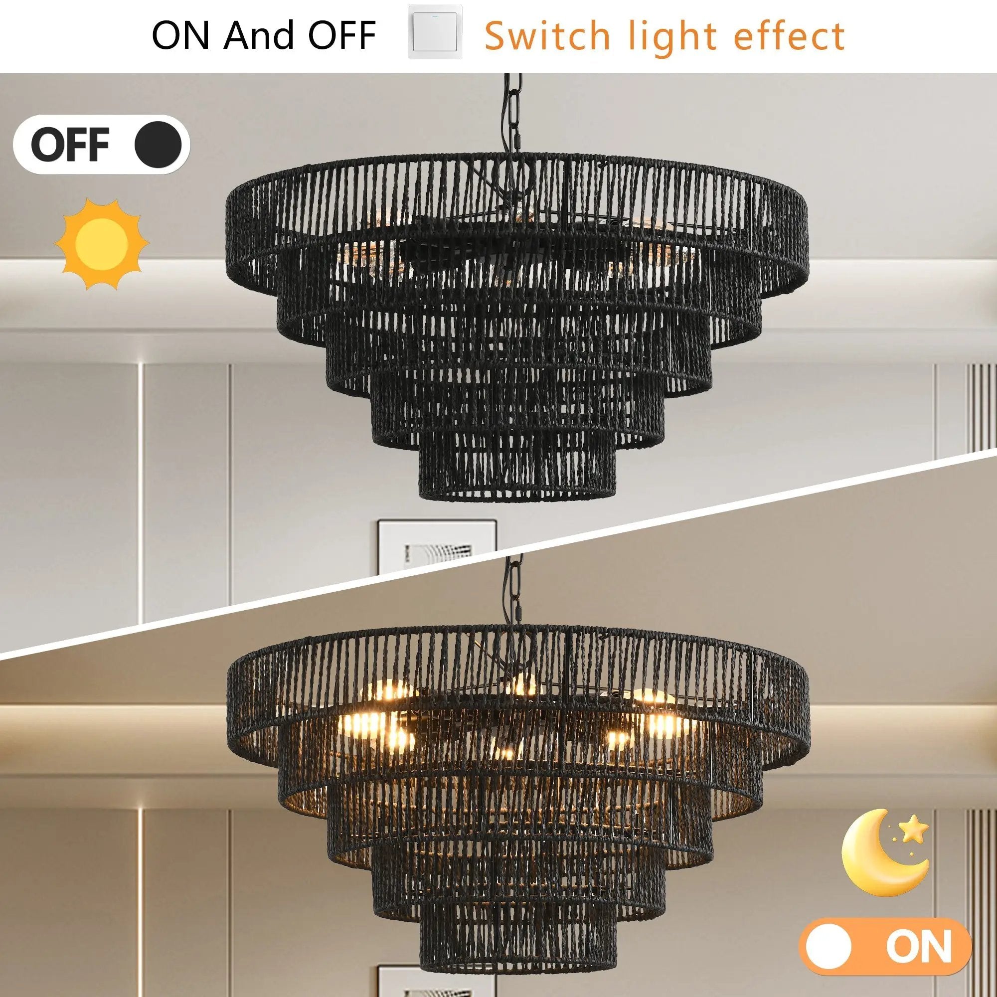 24" Rustic 5-Tier Black Hemp Rope Pendant Light Chandelier by HouseOfZazla