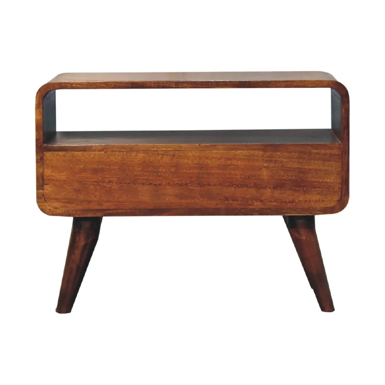 Solid Wood Mini Curved Media Unit, Chestnut, 1-Drawer, 1 Open Slot by HouseOfZazla