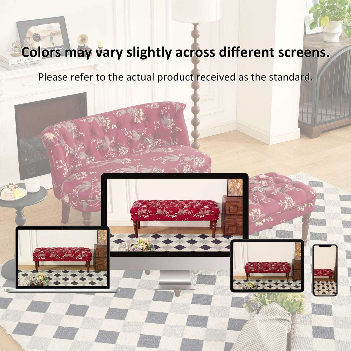 Floral Tufted Sofa Chair with Solid Wood Legs - Wine Red, Green, or Tiffany Blue, photo 5 of 10