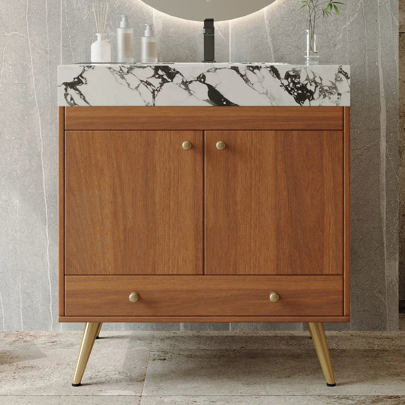Mid-Century Free-Standing Bathroom Vanity with Faux Marble Top by HouseOfZazla