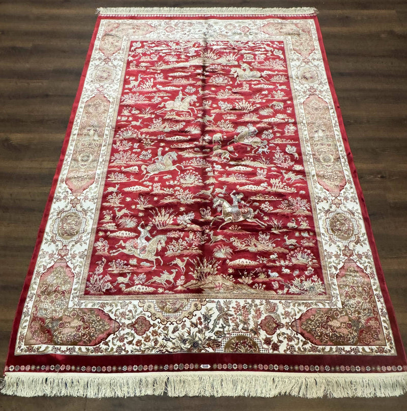 Turkish Silk Hunting Scene Rug 5 x 7.6, Red & Ivory, Bamboo Silk, New by Jewel Rugs