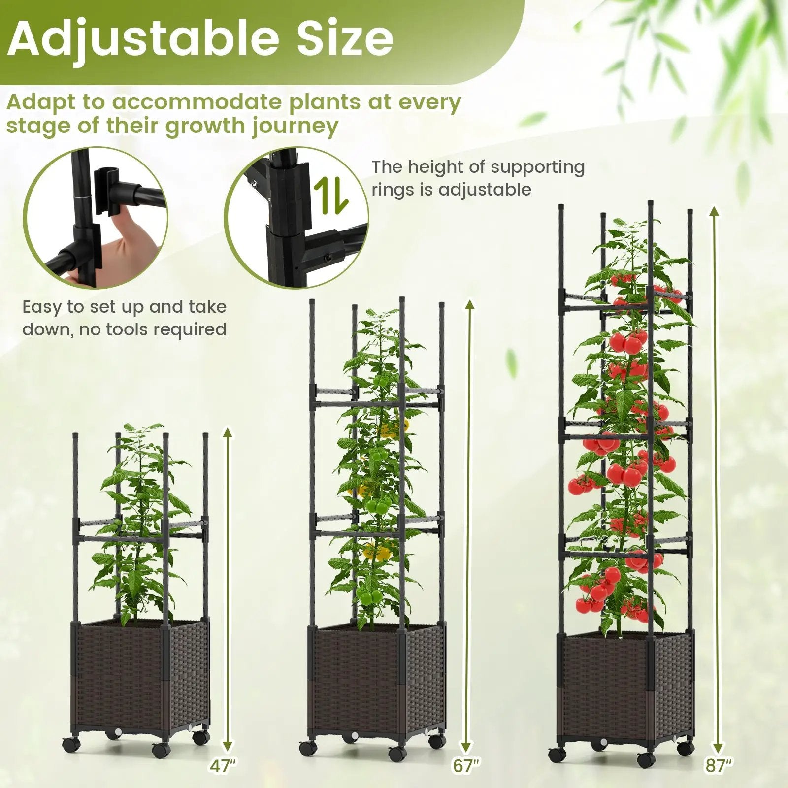87 Inch Tall Raised Garden Bed with Plant Box Trellis and Lockable Wheels Adjustable Height by DirectDeals
