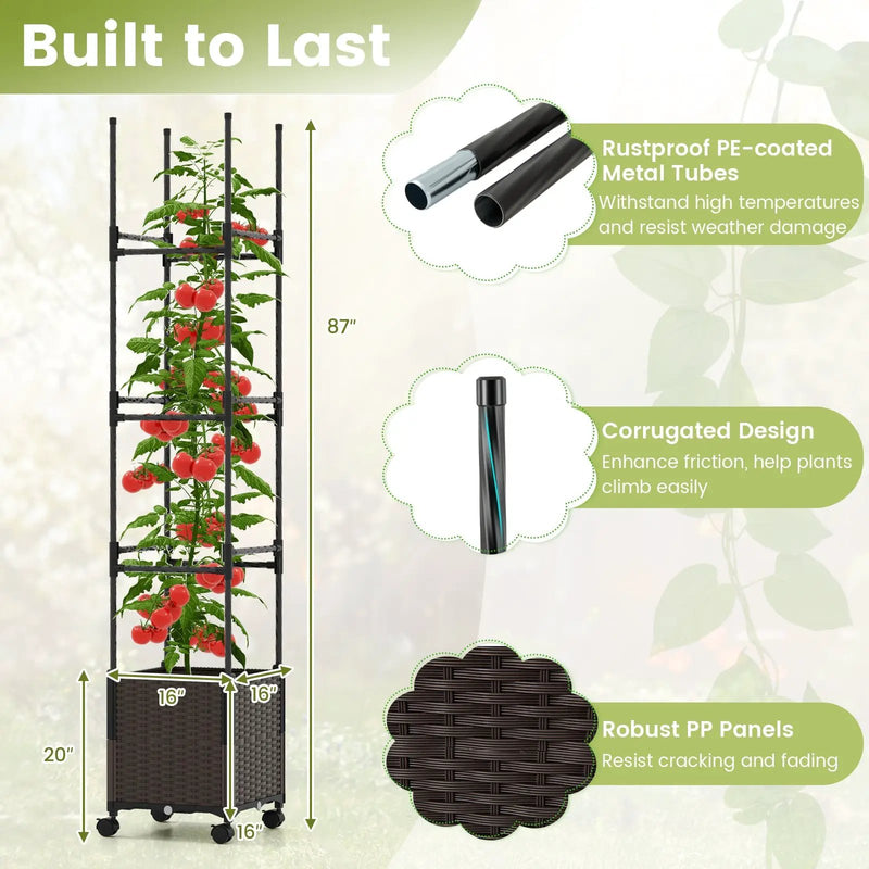 87 Inch Tall Raised Garden Bed with Plant Box Trellis and Lockable Wheels Adjustable Height by DirectDeals