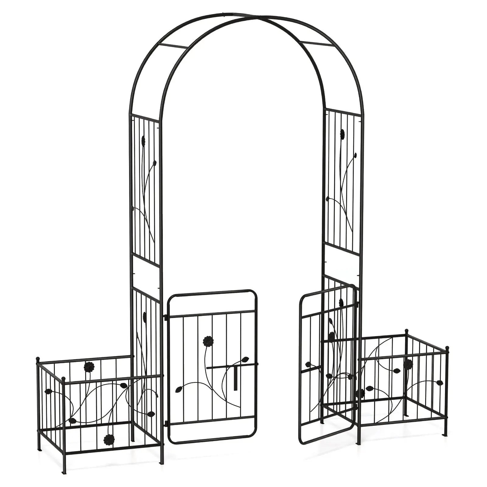 87 Inches Garden Arbor with Lockable Gate Side Planters-Black by DirectDeals