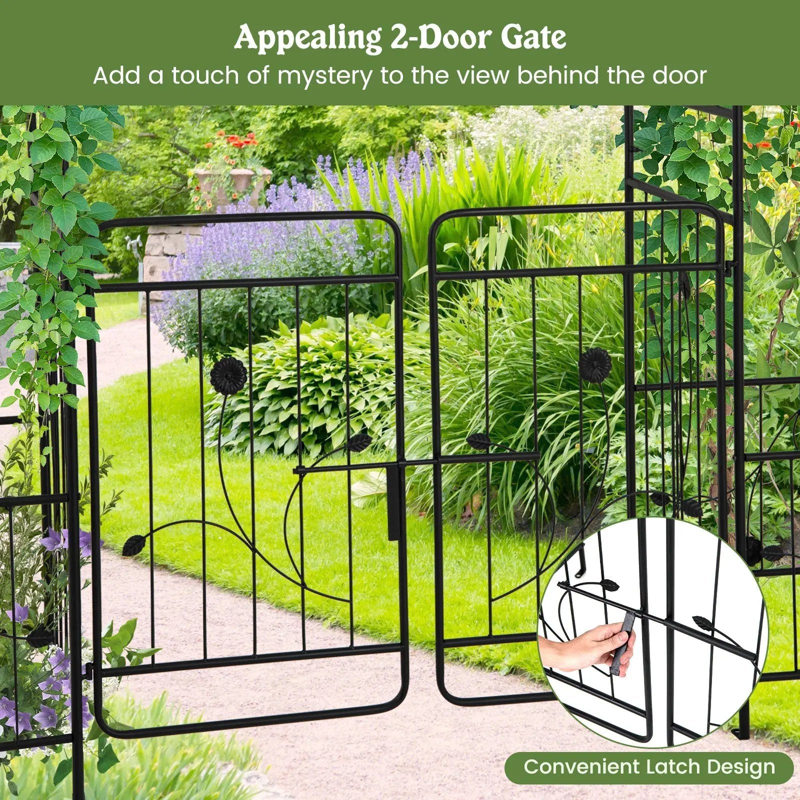 87 Inches Garden Arbor with Lockable Gate Side Planters-Black by DirectDeals