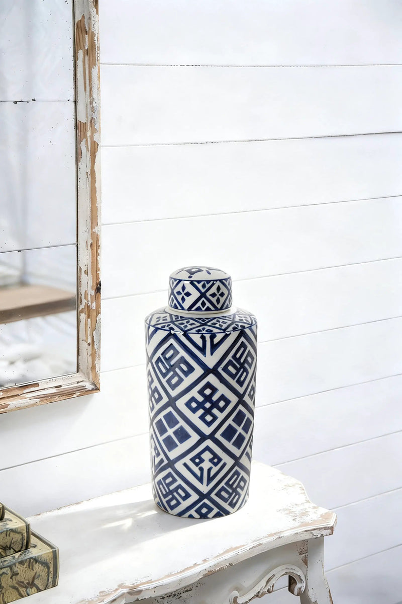 Valora Blue and White Cylinder Jar by HouseOfZazla