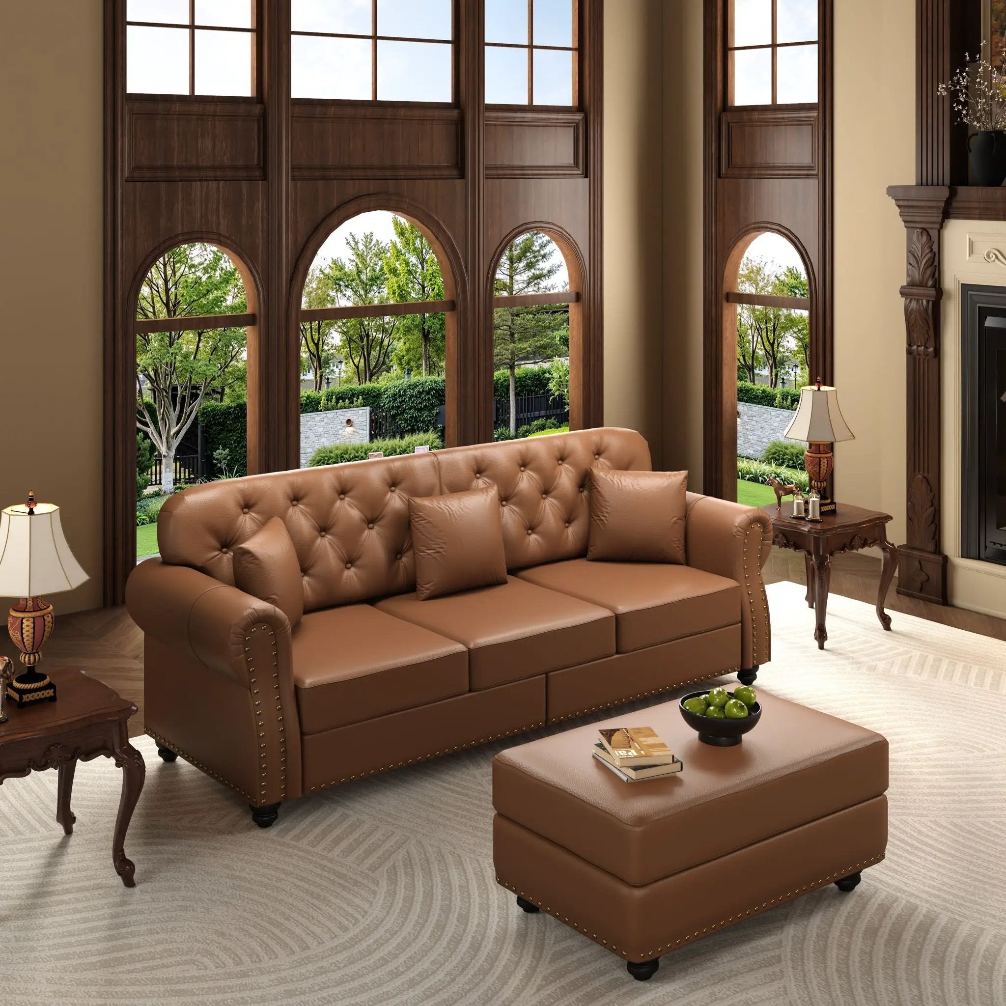 Upholstered Sofa With Nailhead Trim, Rolled Armrests With Ottoman by HouseOfZazla