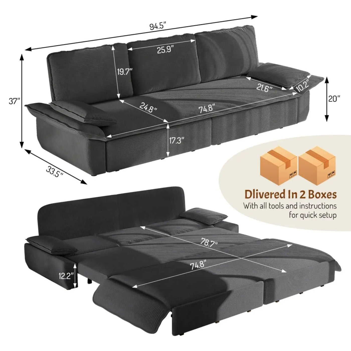 King Size Pull Out Sofa Bed, 3 In 1 Convertible Multifunctional by HouseOfZazla