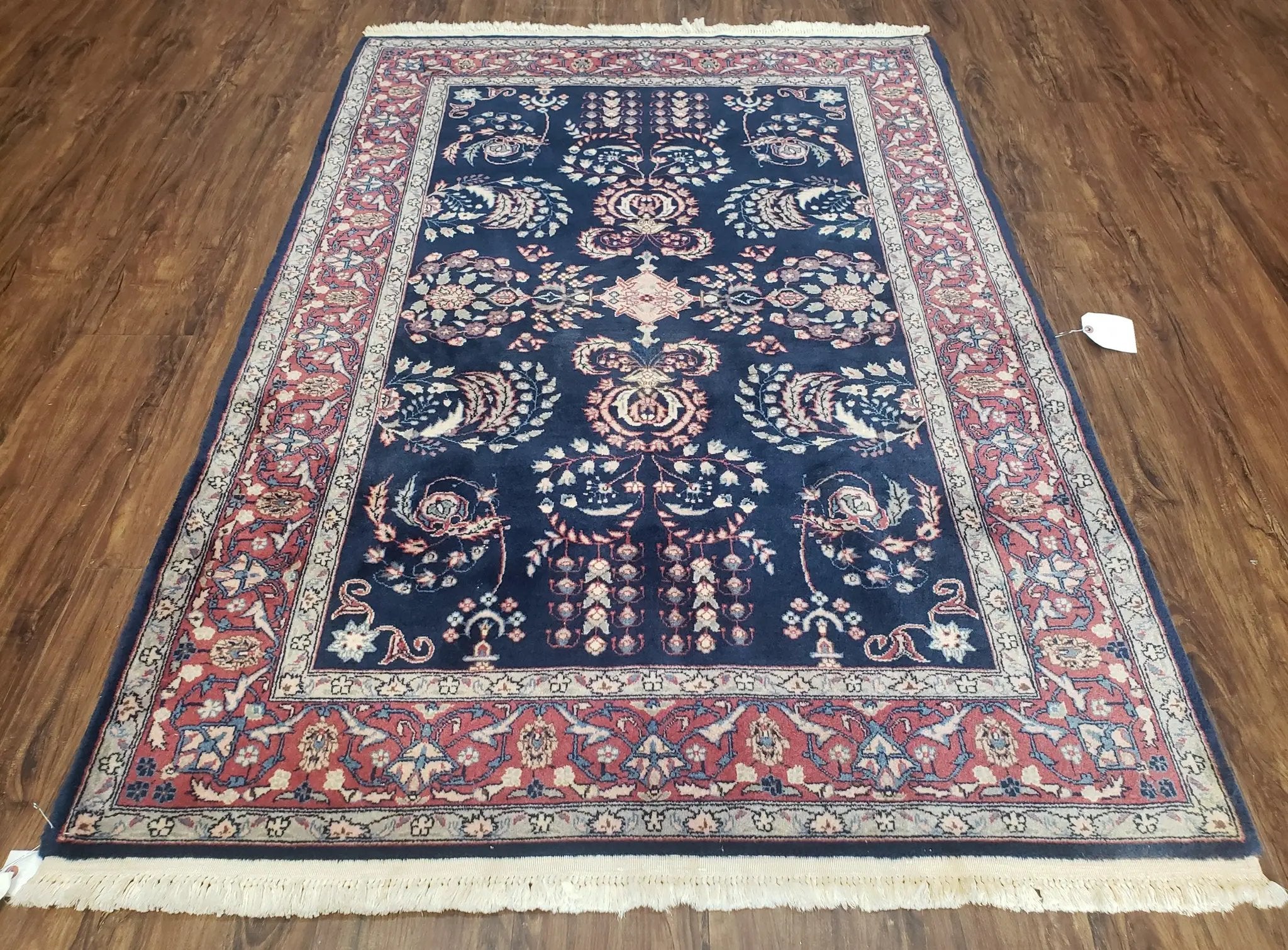 Dark Blue Indo Persian Rug 4x6, Medium Size Hand Knotted Oriental Carpet, Traditional Floral Indian Rug, Blue and Red Entryway Rug, Wool Rug by Jewel Rugs
