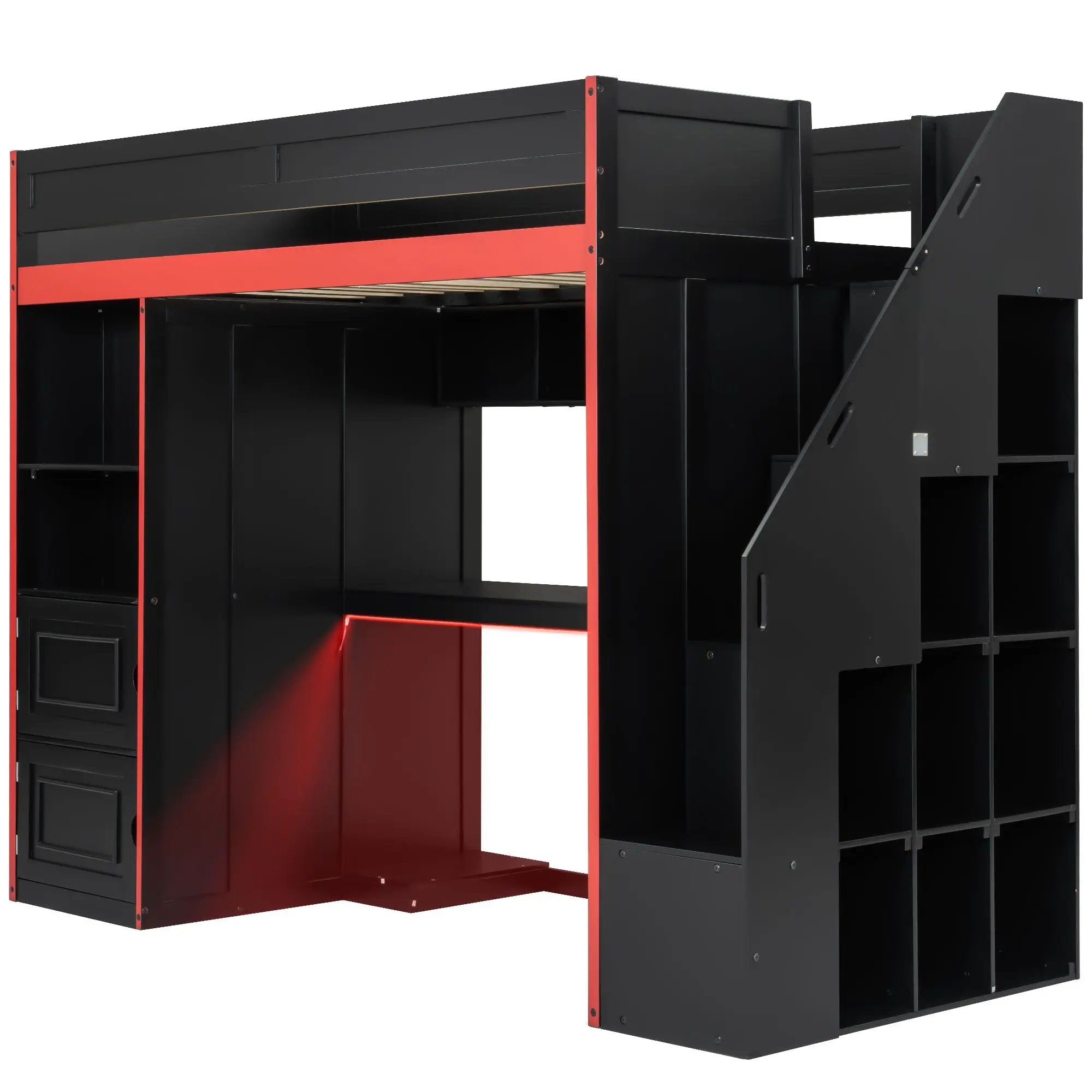 Gaming Loft Bed With Desk And Storage, LED Lights by HouseOfZazla
